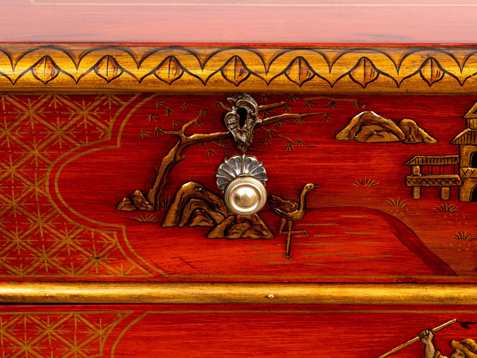 Red Chinoiserie Painted Chest of Drawers In Good Condition For Sale In Stamford, CT