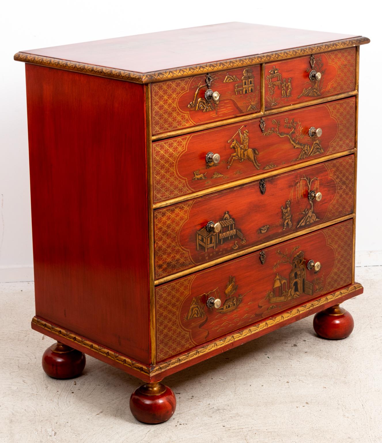 20th Century Red Chinoiserie Painted Chest of Drawers For Sale
