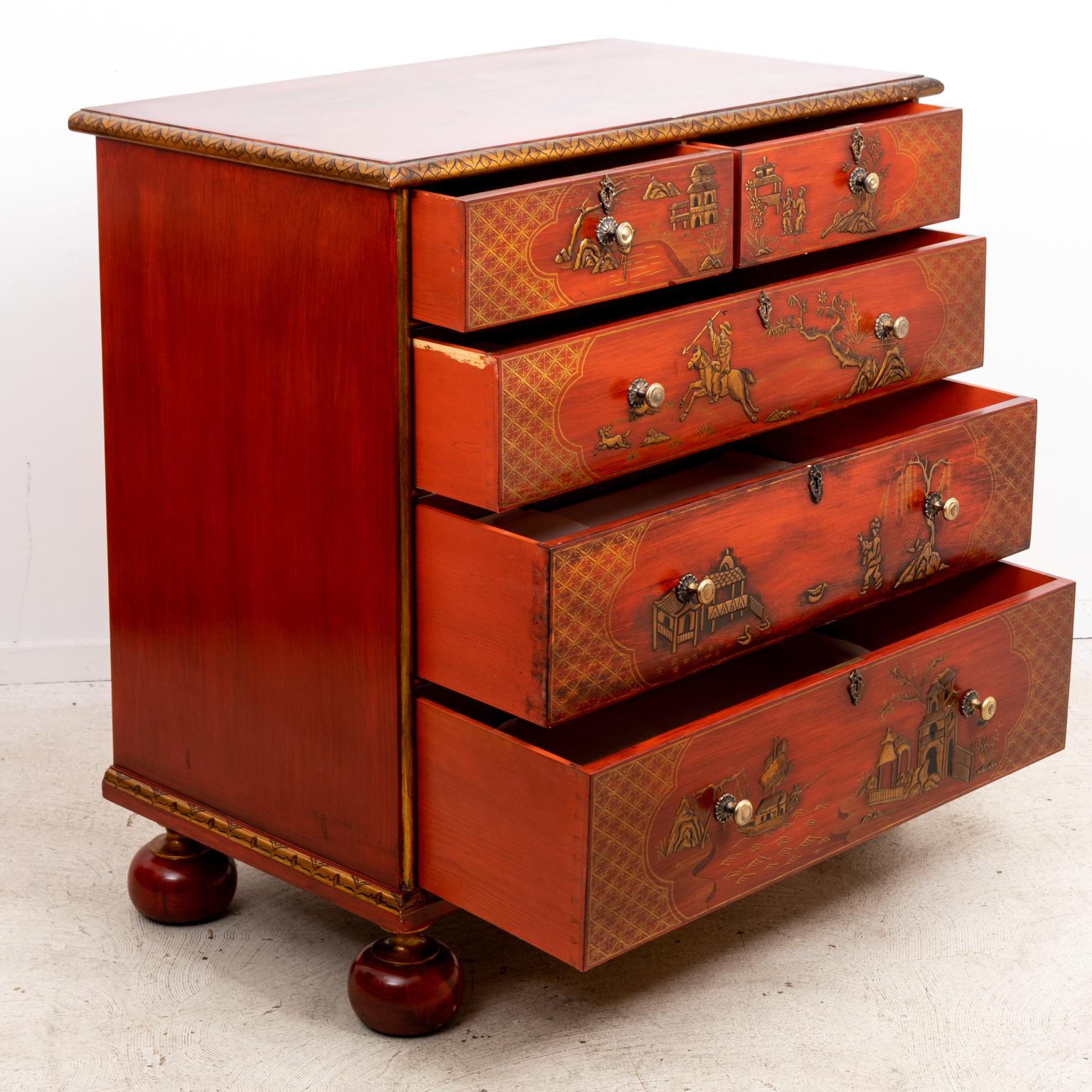 Wood Red Chinoiserie Painted Chest of Drawers For Sale