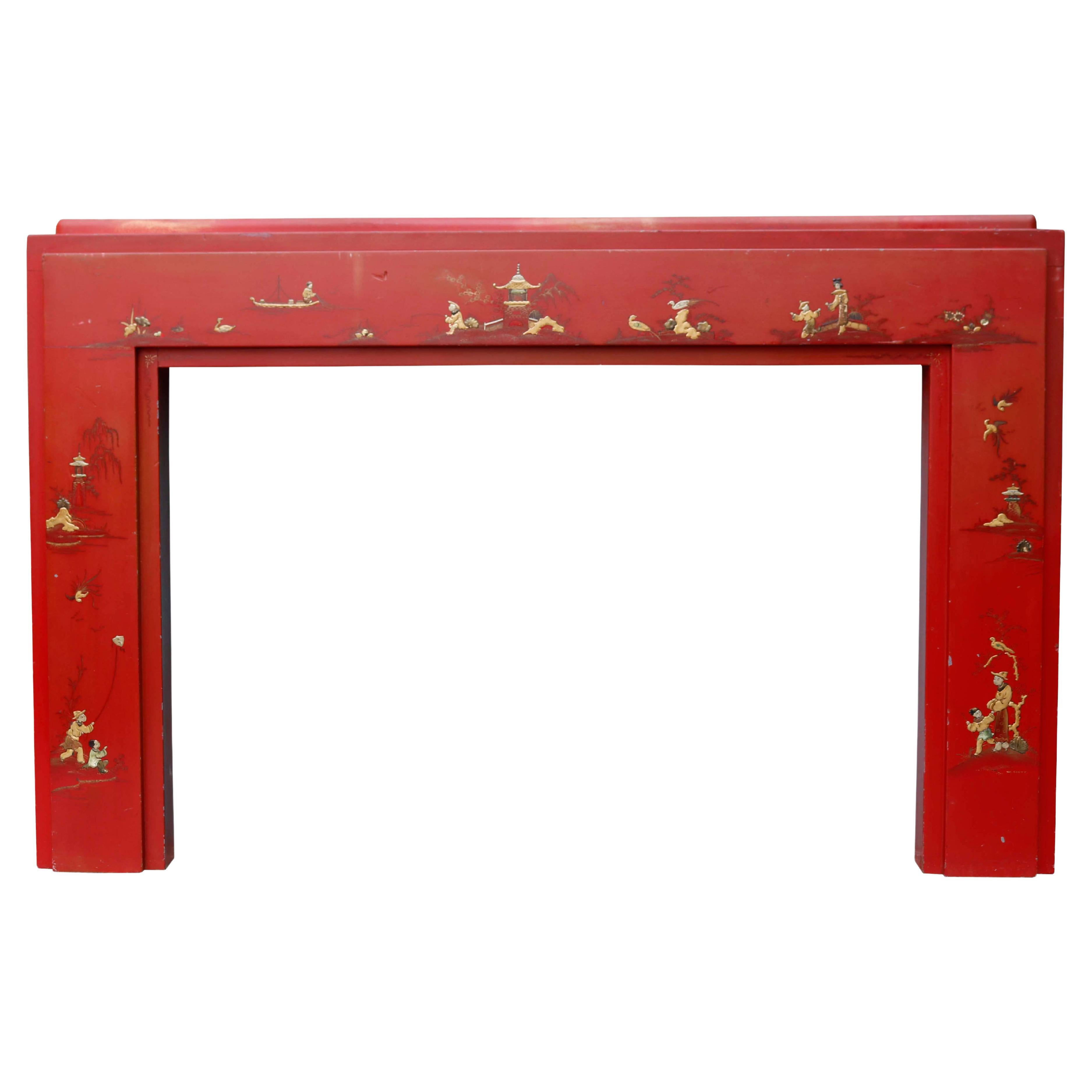 Red Chinoiserie Painted Fireplace Surround For Sale
