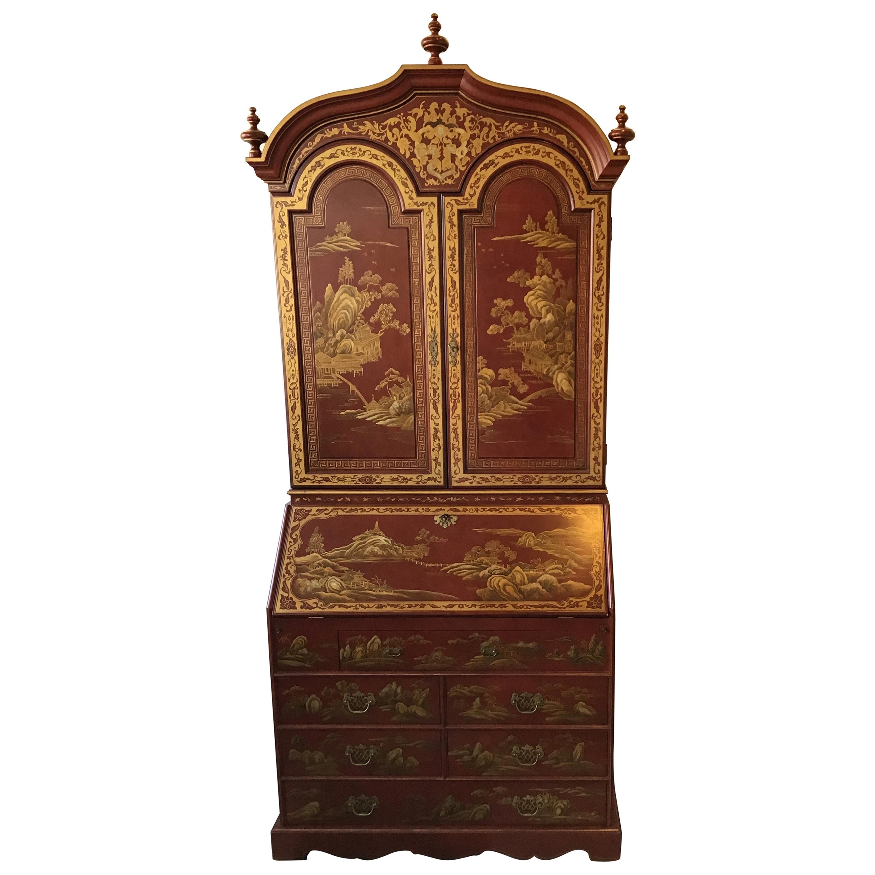 1990s red chinoiserie secretary. Eight feet high. Hand painted. From a celebrity’s Southampton, NY oceanfront estate.
