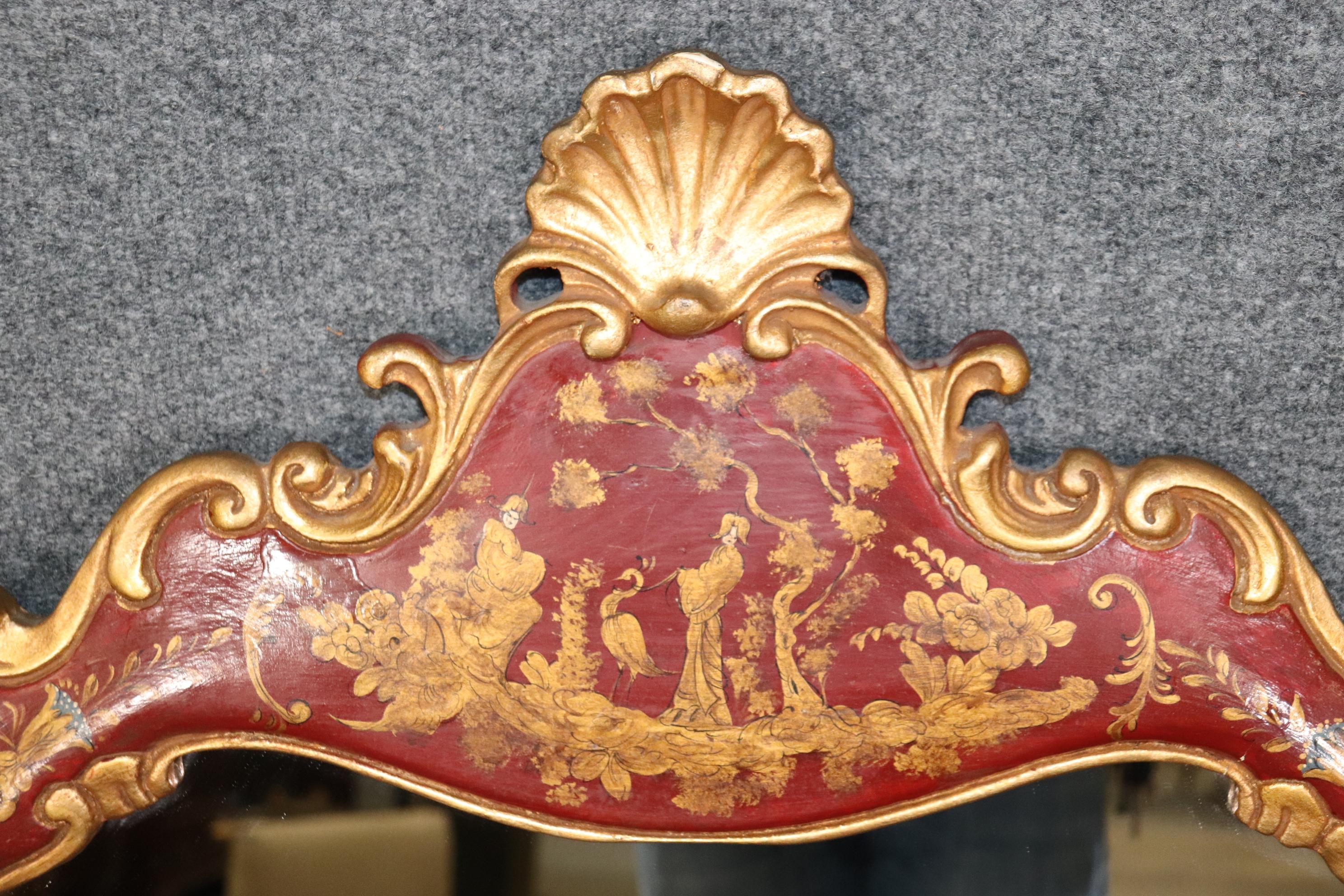 Unknown Red Chinoiserie Style Lacquered and Gilt Carved Wall Hanging Mirror For Sale