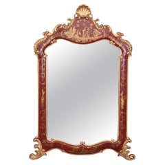 Red Chinoiserie Style Lacquered and Gilt Carved Wall Hanging Mirror