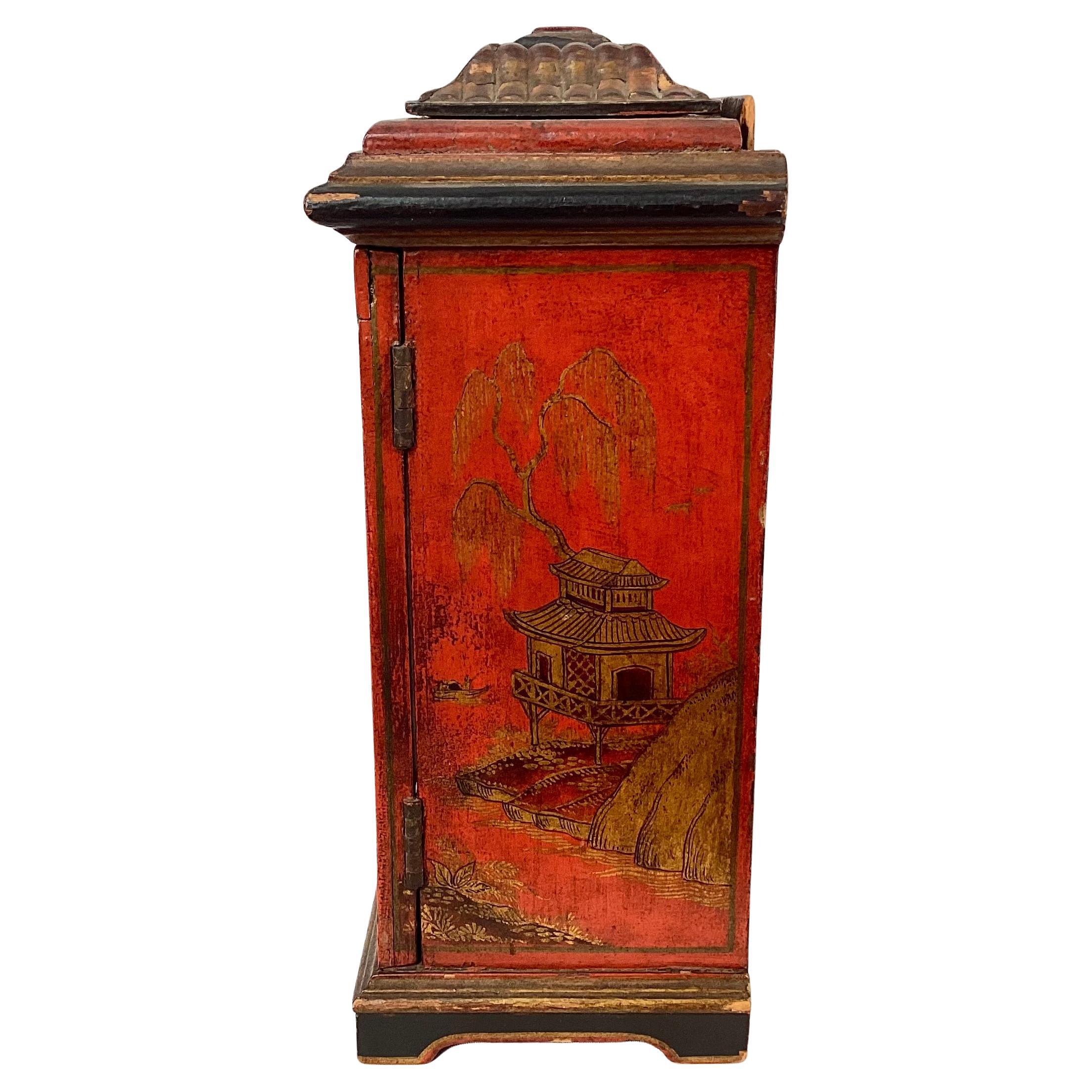 Red Chinoiserie Table Clock, French In Fair Condition For Sale In Bradenton, FL
