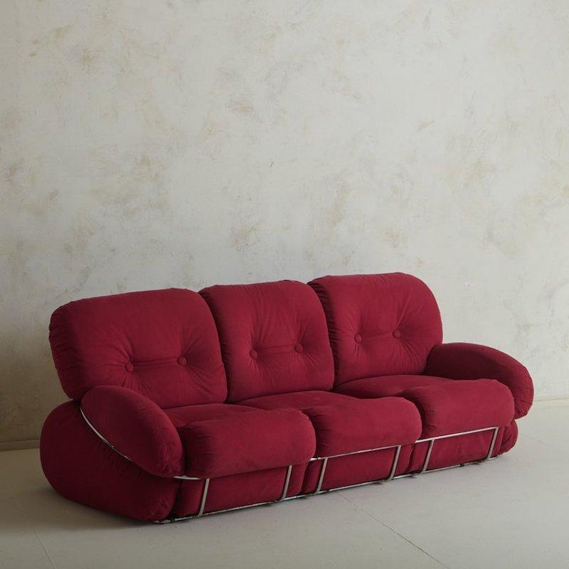 Mid-Century Modern Red + Chrome Sofa Attributed to Adriano Piazzesi, Italy, 1970s