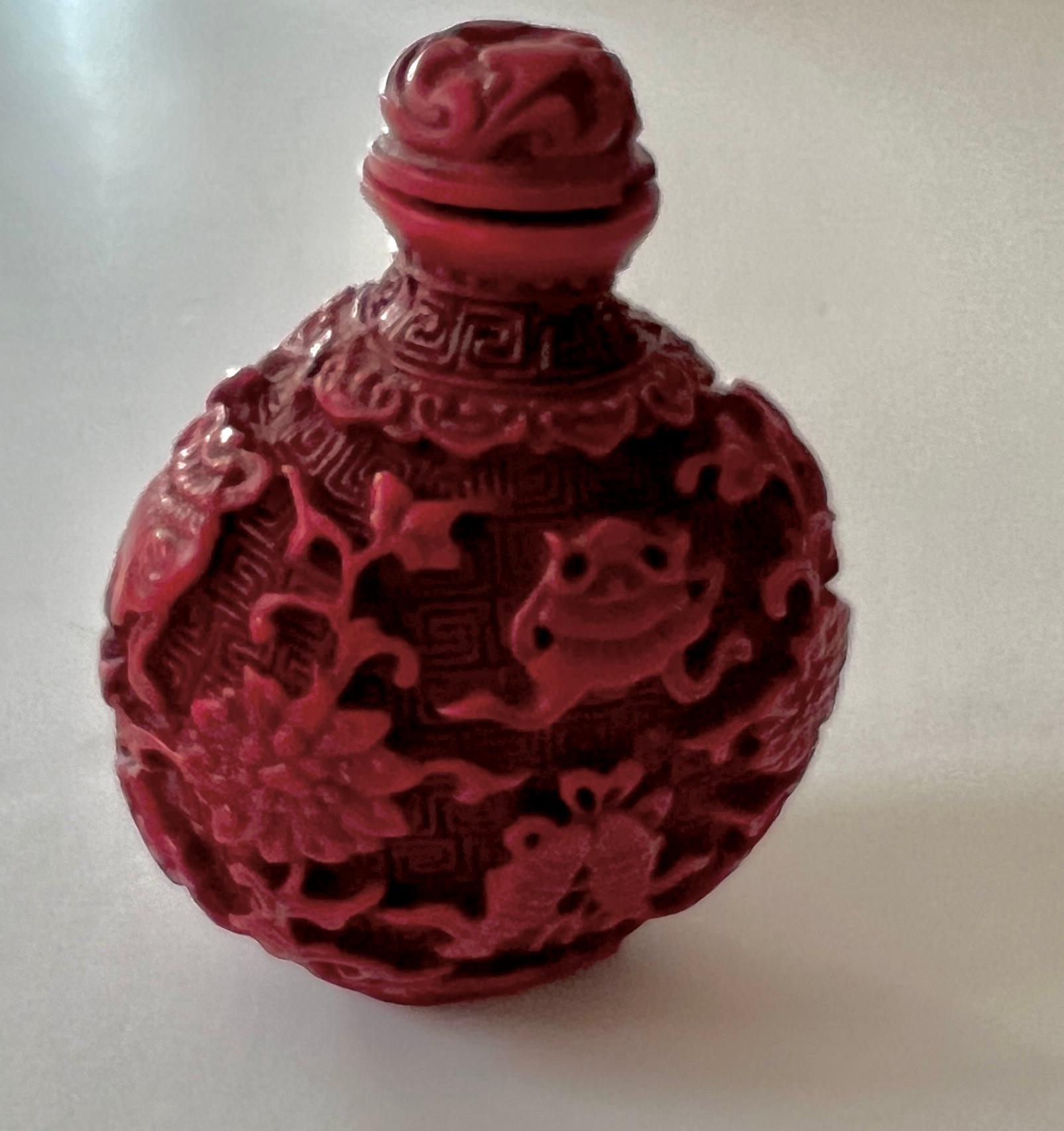 Qing Red Cinnabar Carved Snuff or Fragrance Bottle For Sale