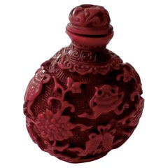 Antique Red Cinnabar Carved Snuff or Fragrance Bottle