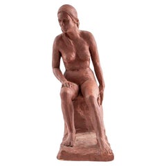 Retro Red Clay Sculpture of a Seated Nude