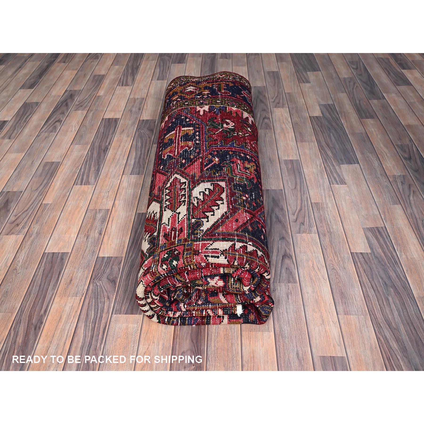 Red Clean Hand Knotted Vintage Persian Heriz Evenly Worn Pure Wool Abrash Rug 4