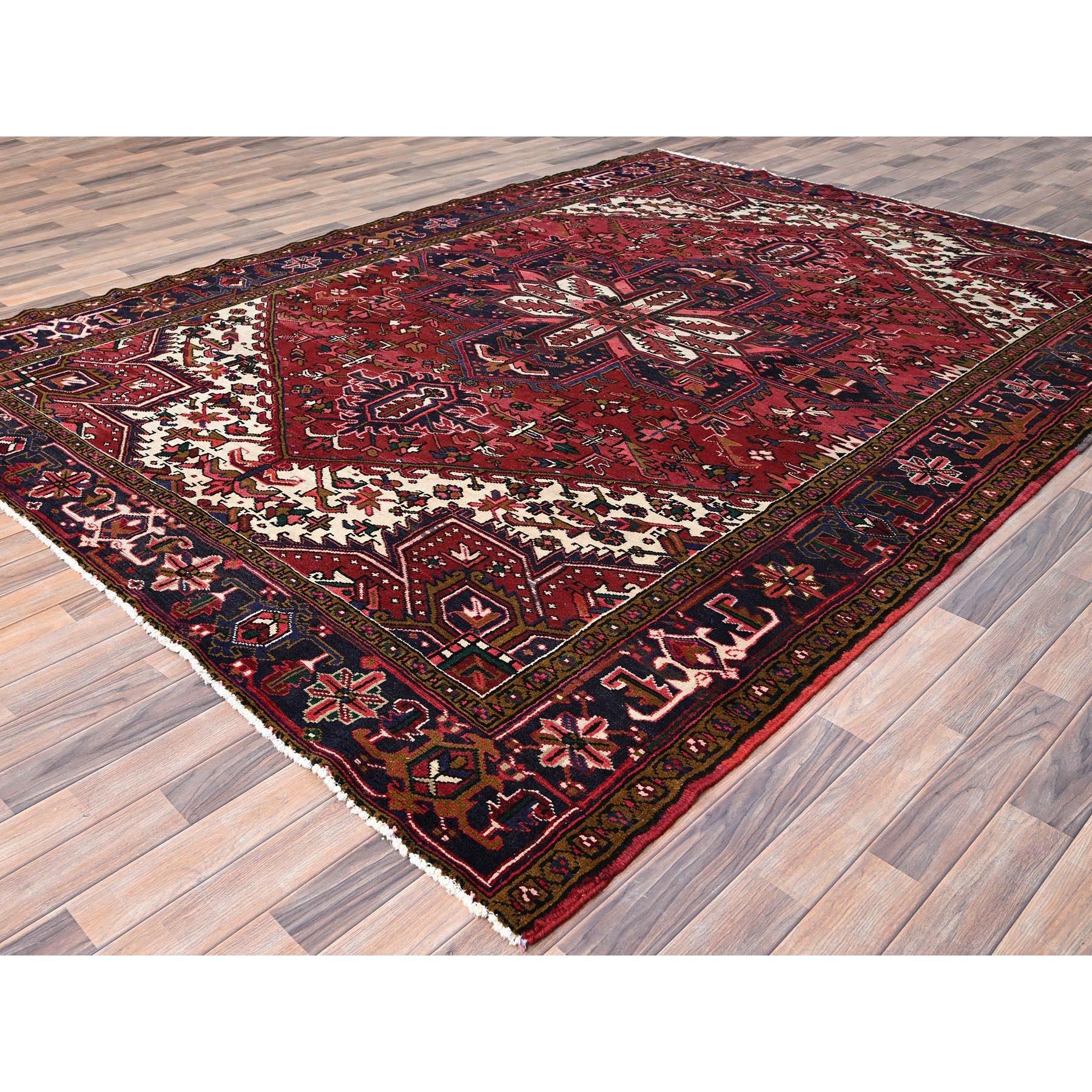 Hand-Knotted Red Clean Hand Knotted Vintage Persian Heriz Evenly Worn Pure Wool Abrash Rug