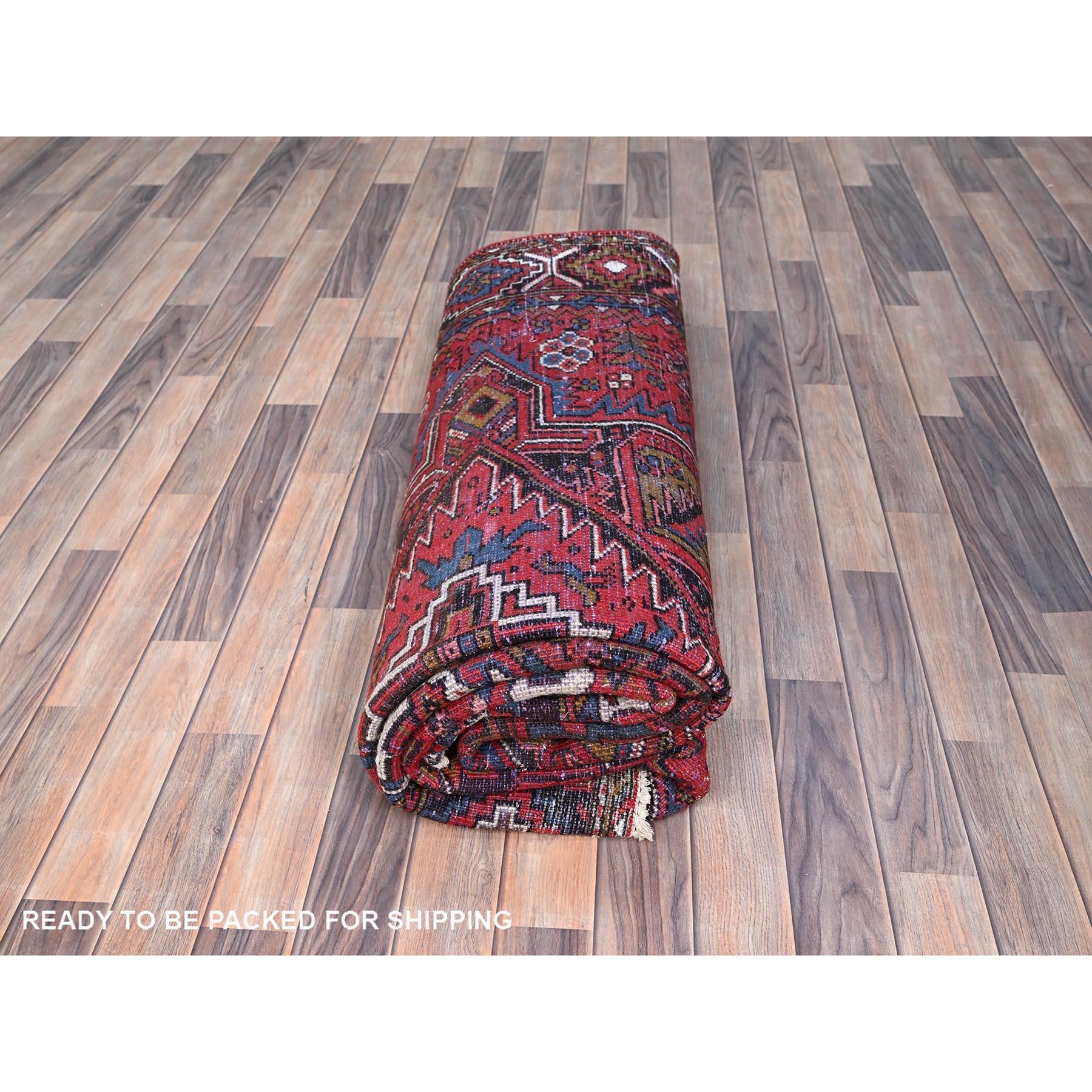 Red Clean Pure Wool Worn Down Vintage Vintage Persian Heriz Hand Knotted Rug For Sale 4