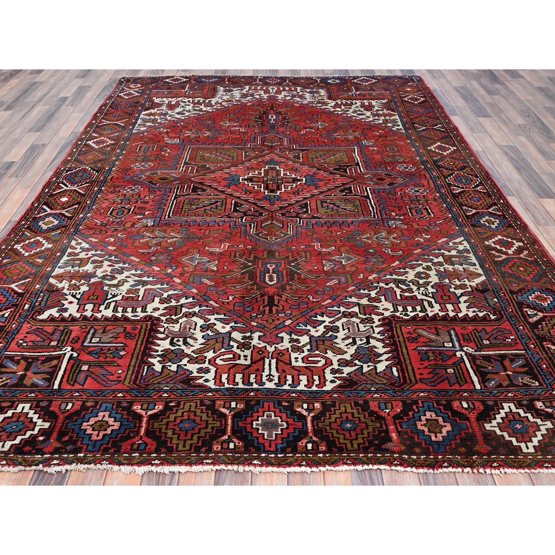Medieval Red Clean Pure Wool Worn Down Vintage Vintage Persian Heriz Hand Knotted Rug For Sale