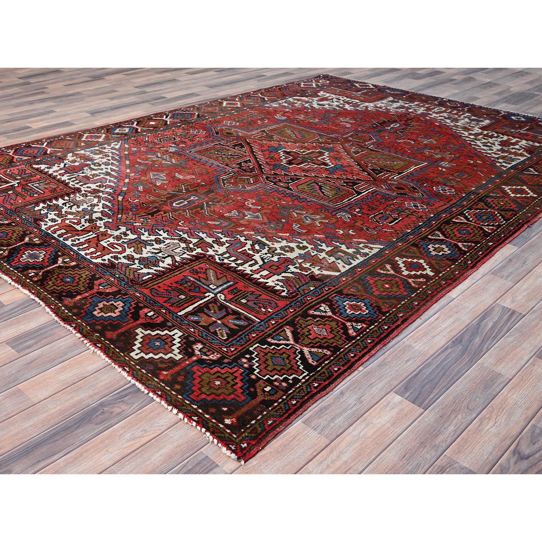 Hand-Knotted Red Clean Pure Wool Worn Down Vintage Vintage Persian Heriz Hand Knotted Rug For Sale