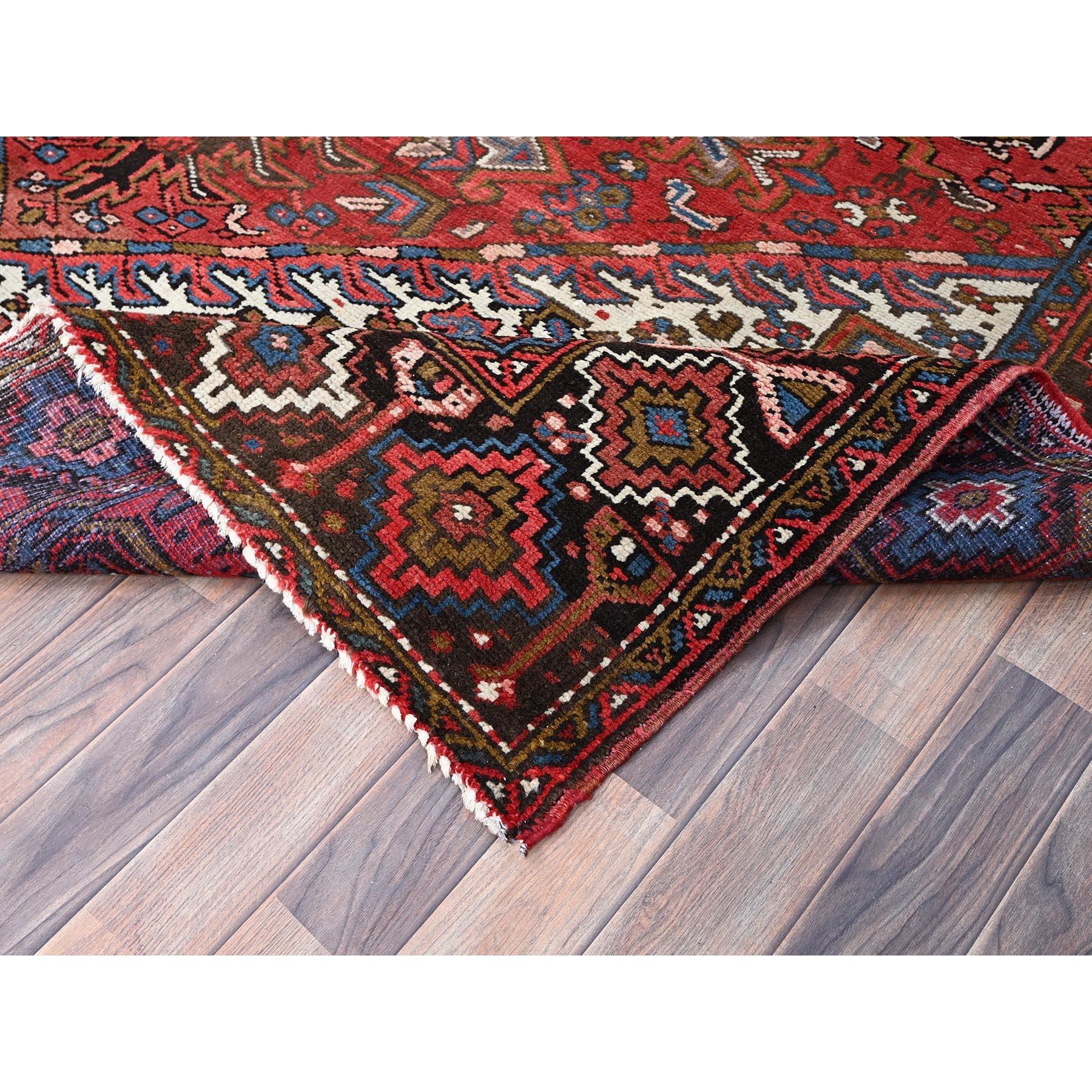 Red Clean Pure Wool Worn Down Vintage Vintage Persian Heriz Hand Knotted Rug For Sale 1