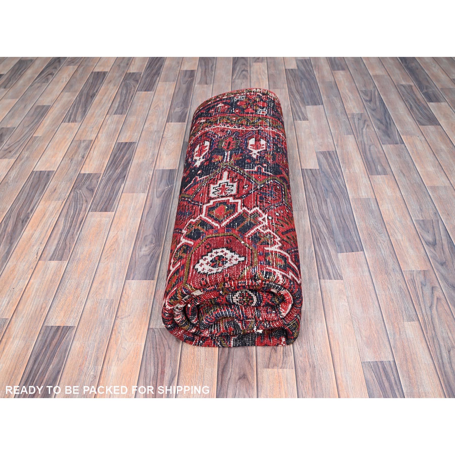 Red Clean Shiny Wool Hand Knotted Vintage Persian Heriz Distressed Look Rug For Sale 5