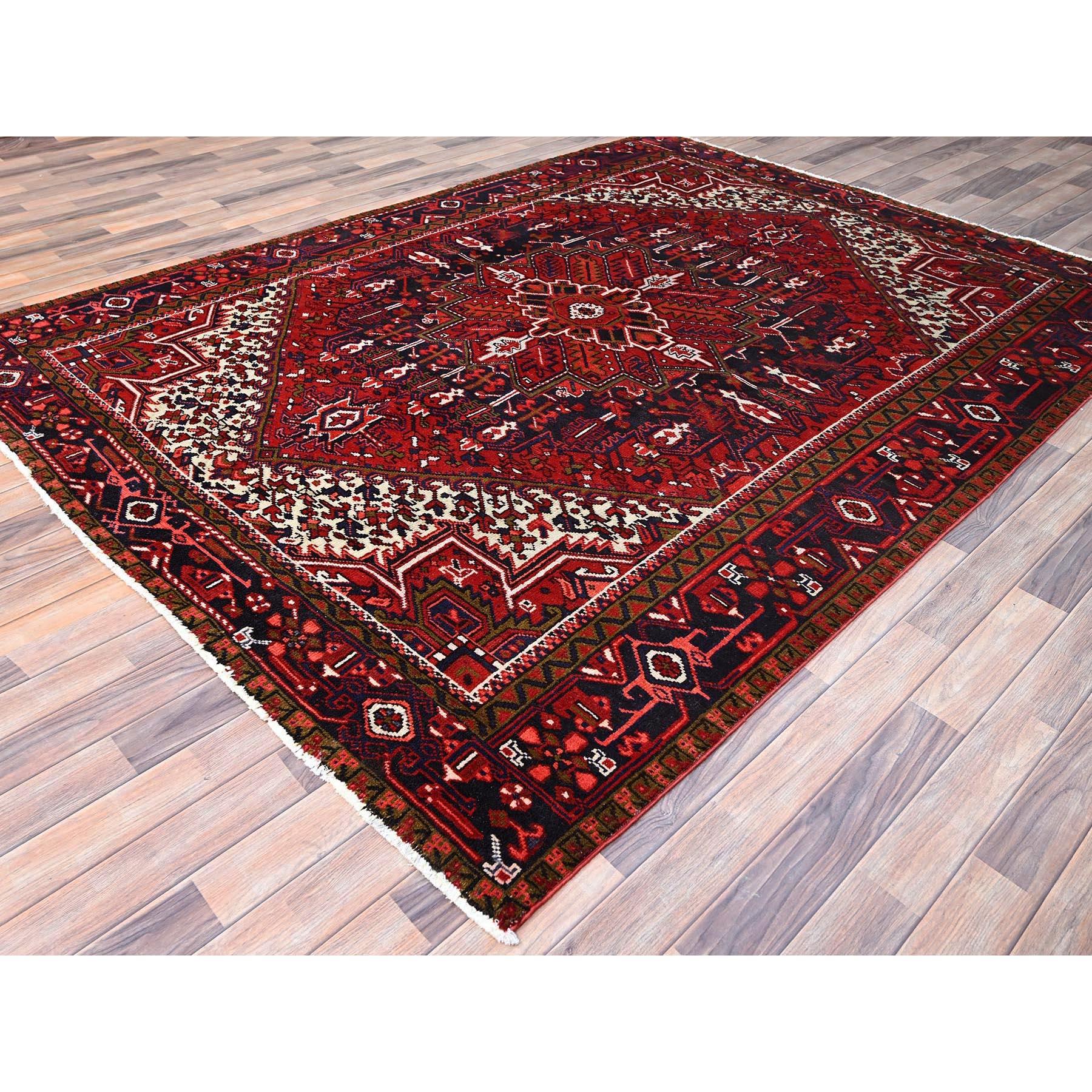 Red Clean Shiny Wool Hand Knotted Vintage Persian Heriz Distressed Look Rug In Excellent Condition For Sale In Carlstadt, NJ