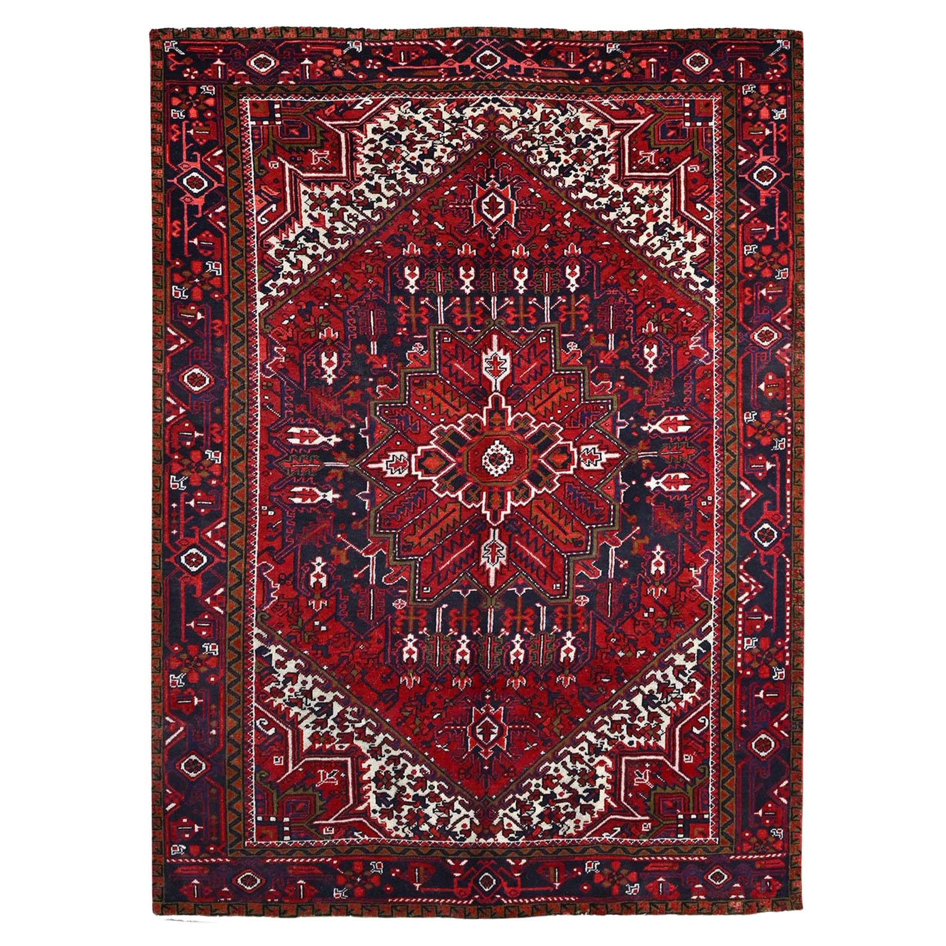 Red Clean Shiny Wool Hand Knotted Vintage Persian Heriz Distressed Look Rug For Sale