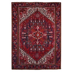Red Clean Shiny Wool Hand Knotted Retro Persian Heriz Distressed Look Rug
