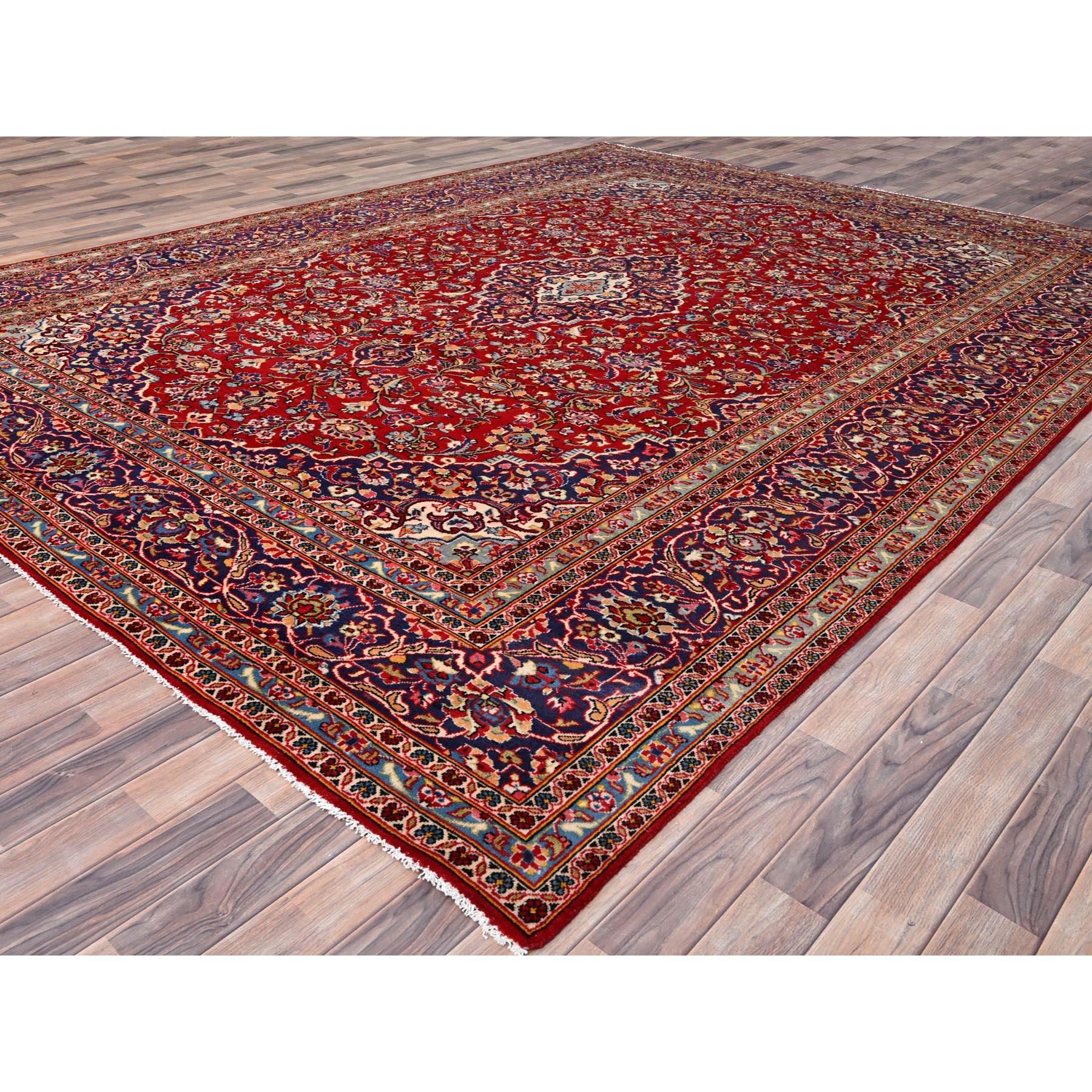 Hand-Knotted Red Clean Soft Vintage Persian Kashan Full Pile Hand Knotted Organic Wool Rug