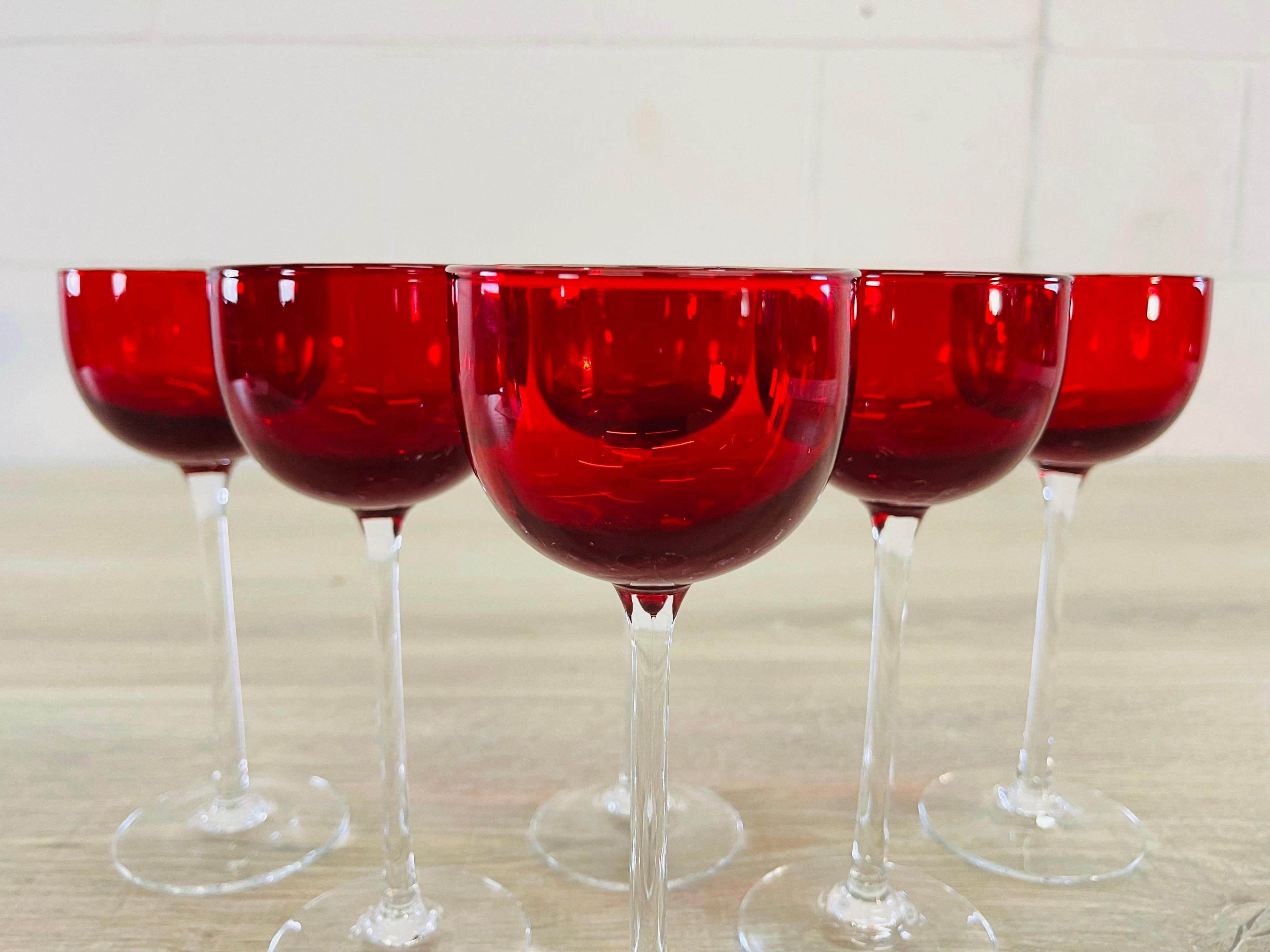 Mid-Century Modern Red & Clear Glass Cordial Stems, Set of 6 For Sale