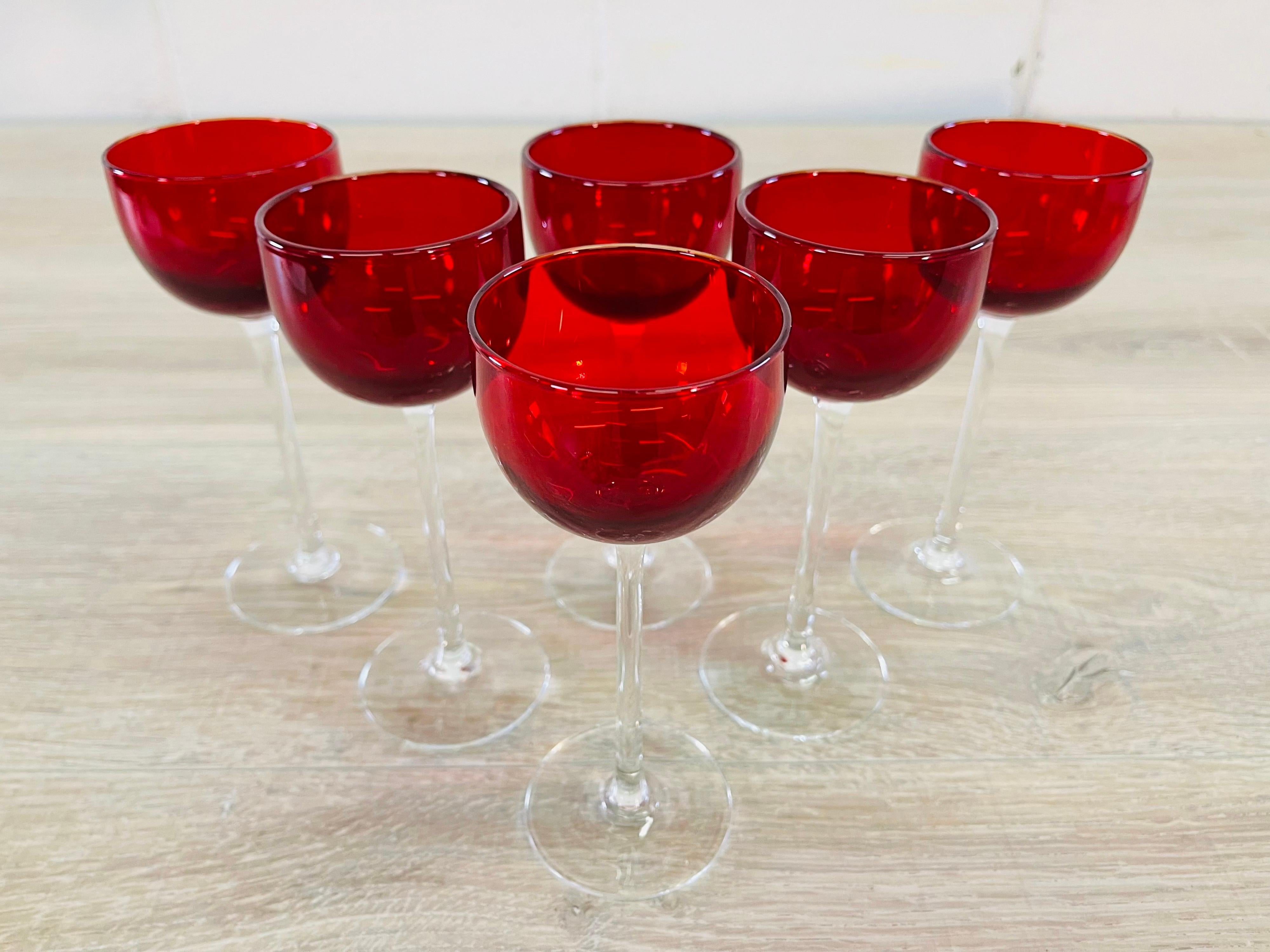 20th Century Red & Clear Glass Cordial Stems, Set of 6 For Sale