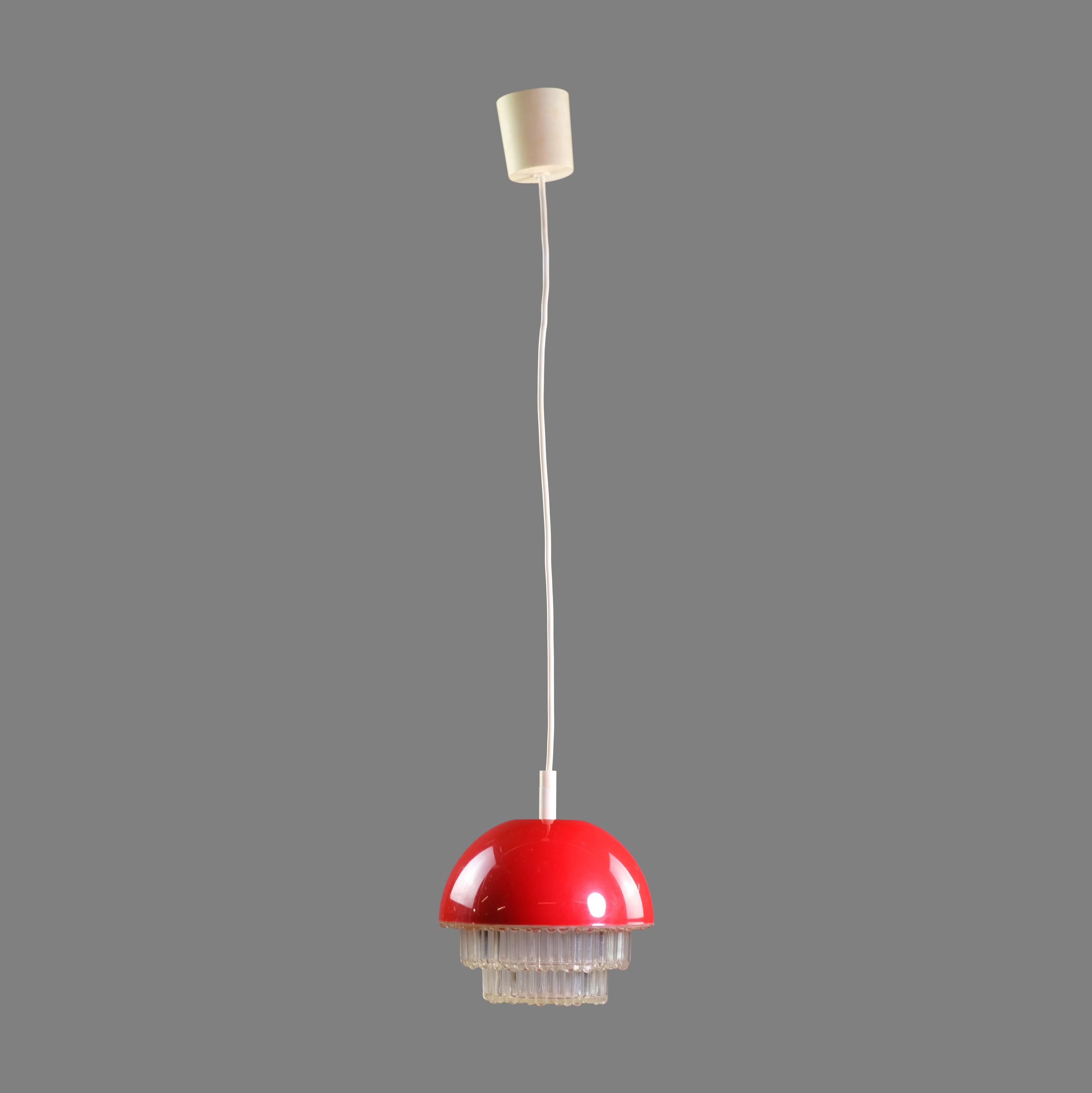 European, possibly Italian, red and clear Lucite pendant light. Features clear Fresnel bottom shade to disperse light. White cable and canopy. Small quantity available at time of posting. Priced each. Please inquire. Please note, this item is
