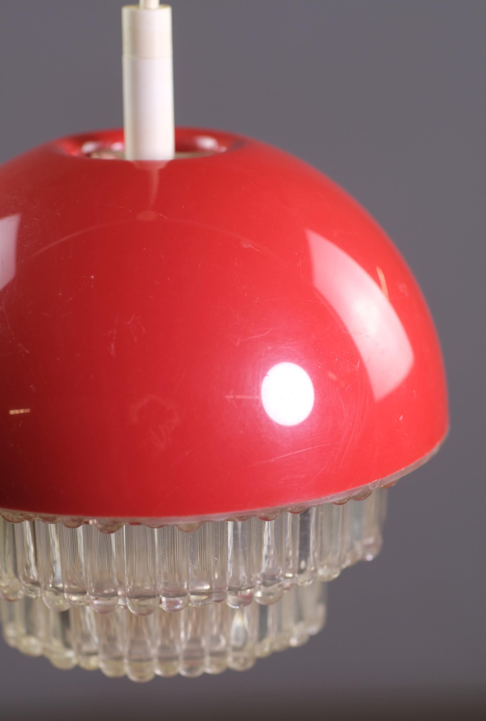 Red & Clear Lucite Pendant Light White Cable Canopy European In Good Condition In New York, NY