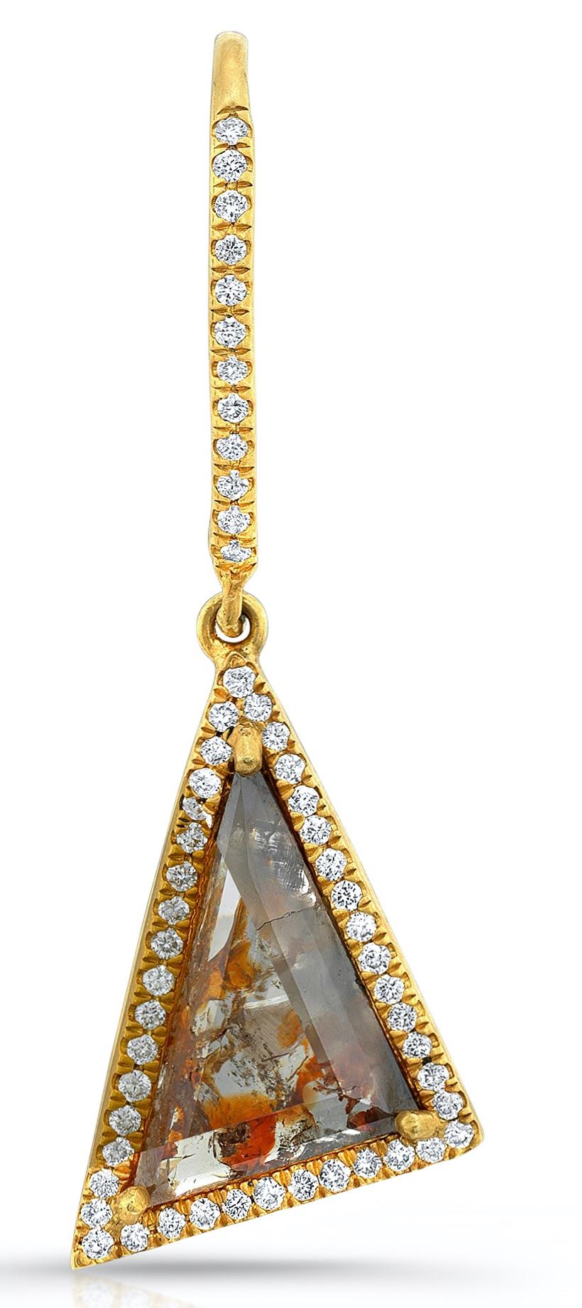 1.89ct. Red and Clear Scaline shaped Portrait Cut Diamond Slices with .44ct vs quality Diamond Pave in 18k Matte Finish  Yellow Gold. All gold work is handmade and set in Los Angeles.  All Diamonds are ethically sourced.