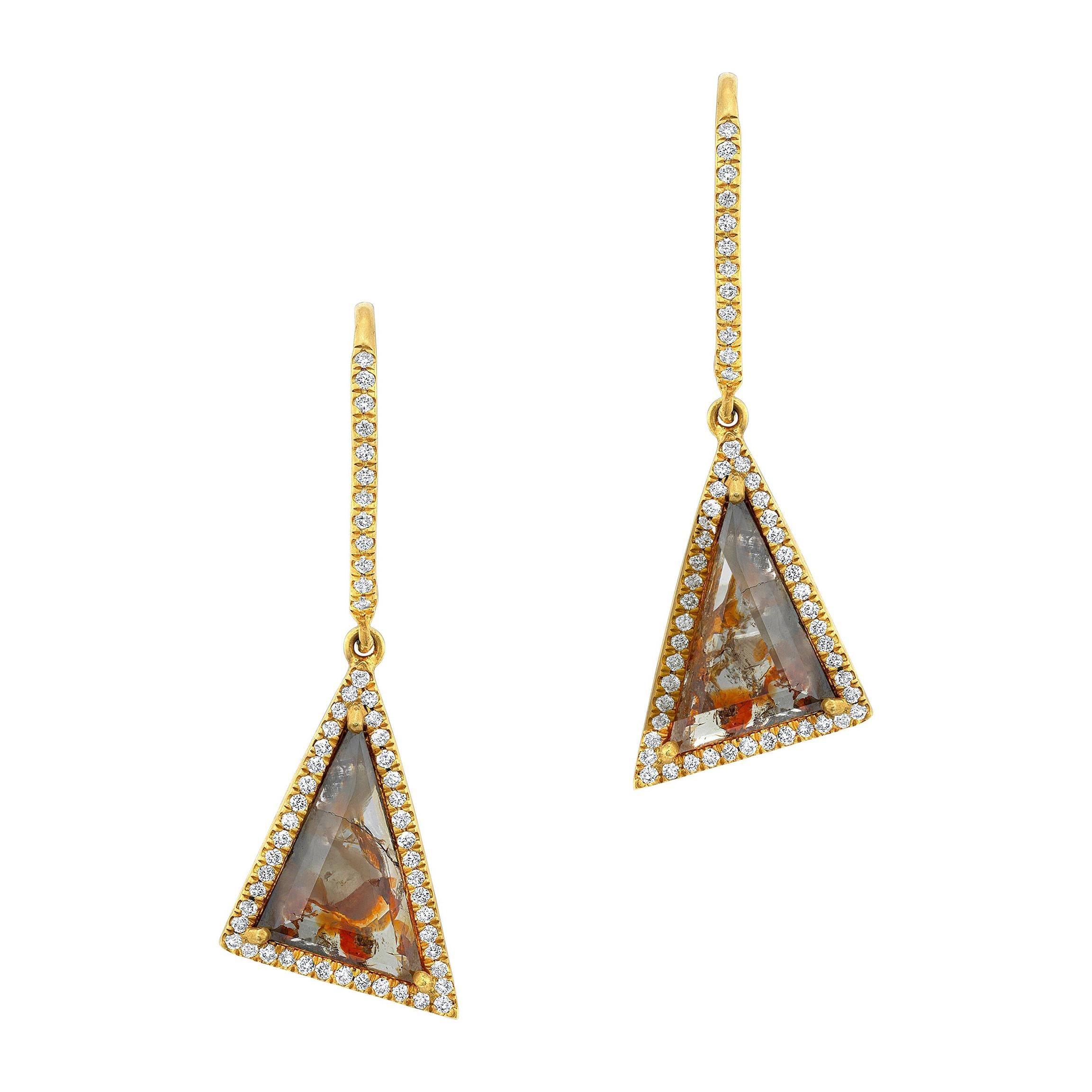 Red Clear Scaline Diamond Slice Earrings with Diamond Halo in 18k Yellow Gold For Sale