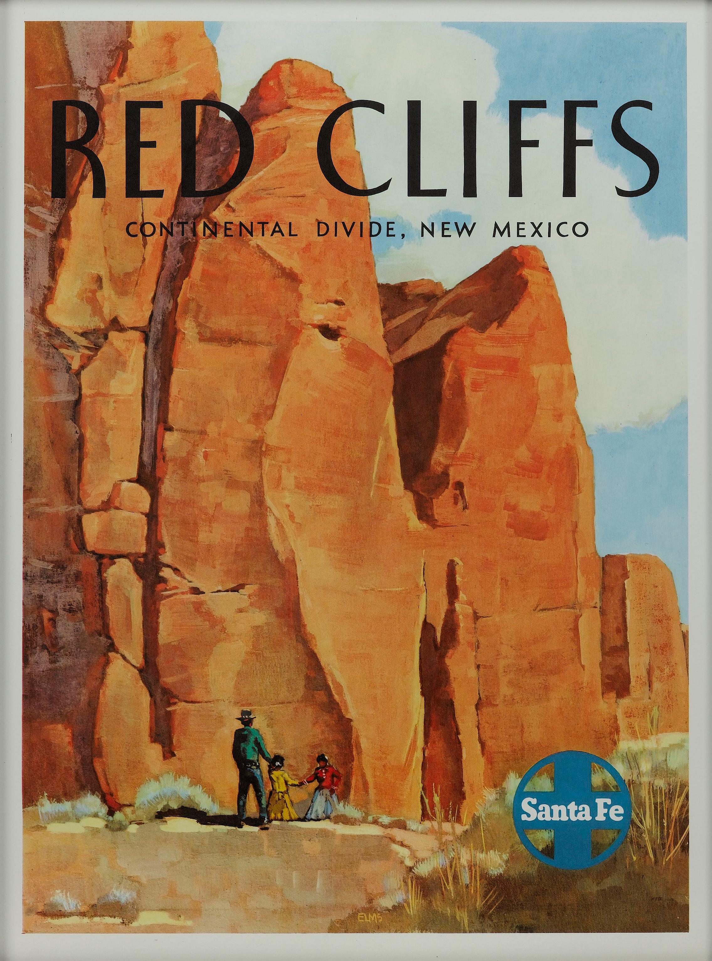 Presented is a vintage poster of Red Cliffs Continental Divide by Frederick Elms, produced for the Santa Fe Railway. The poster depicts a family, dwarfed by the stunning Red Cliffs of the southern end of the Continental Divide in New Mexico. The