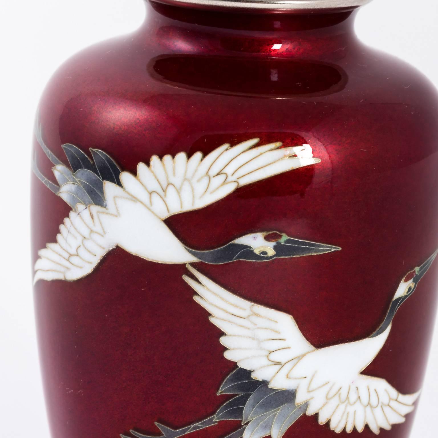 Red Cloisonné Vase Flying Cranes In Good Condition In Stamford, CT