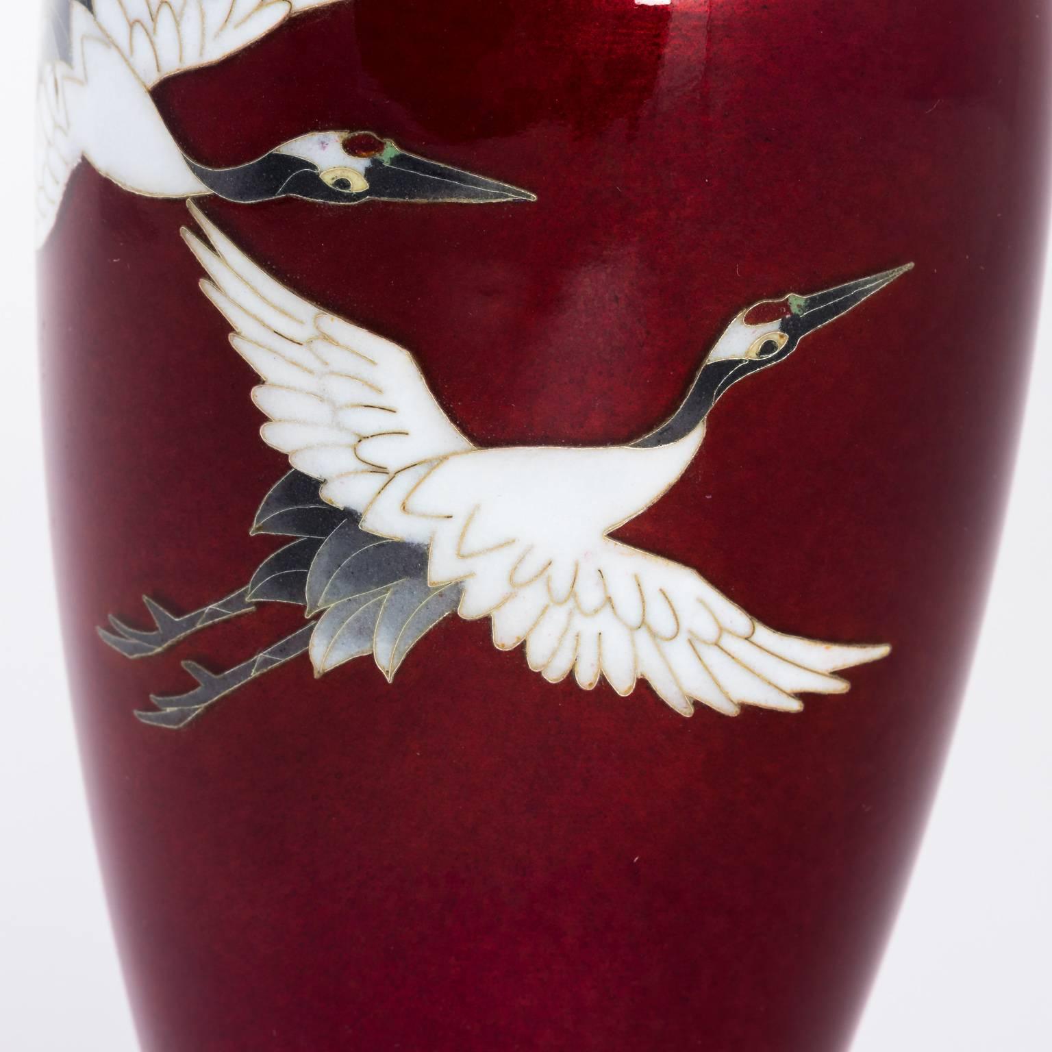 20th Century Red Cloisonné Vase Flying Cranes
