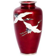 Red Cloisonné Vase Flying Cranes