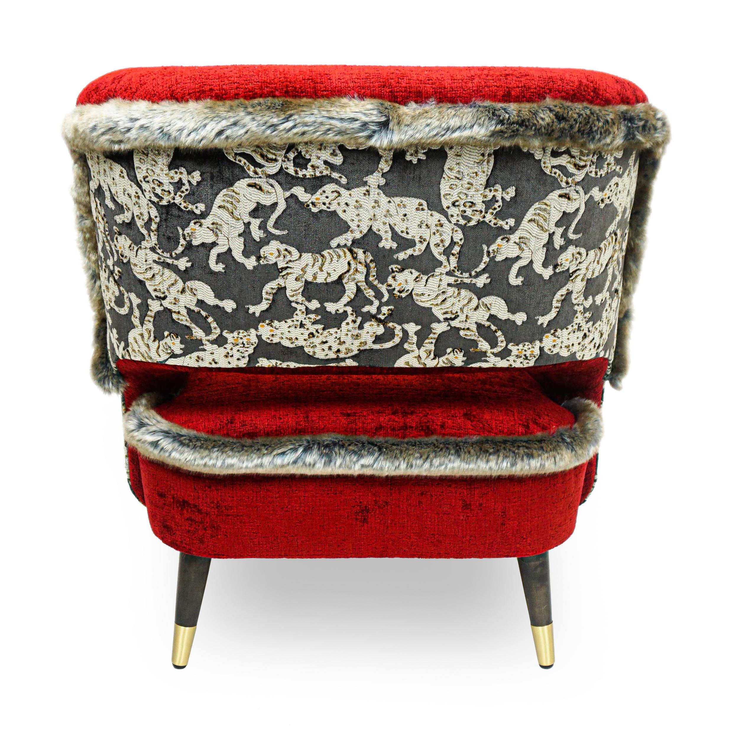 Maple Red Club Chair with Faux Mink Welting and Tiger Patterned Back For Sale