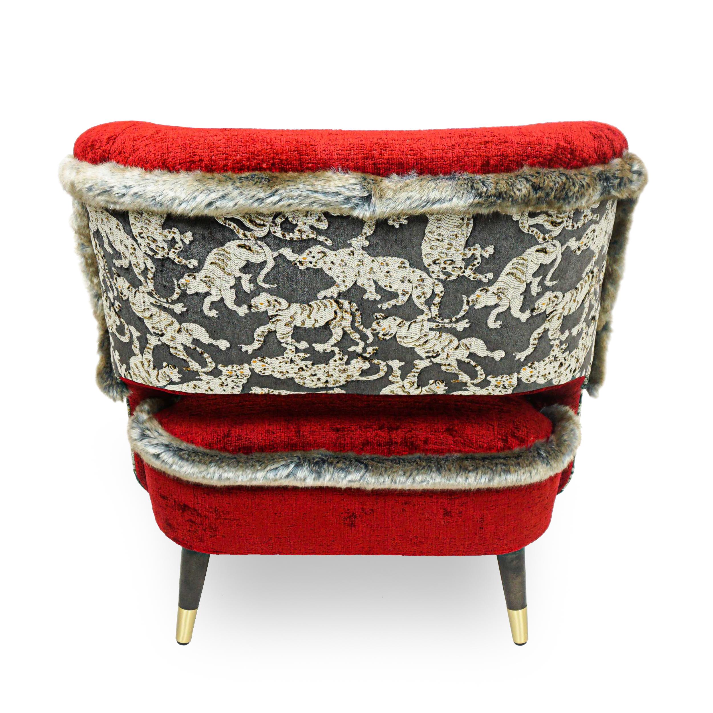 Red Club Chair with Faux Mink Welting and Tiger Patterned Back For Sale 1
