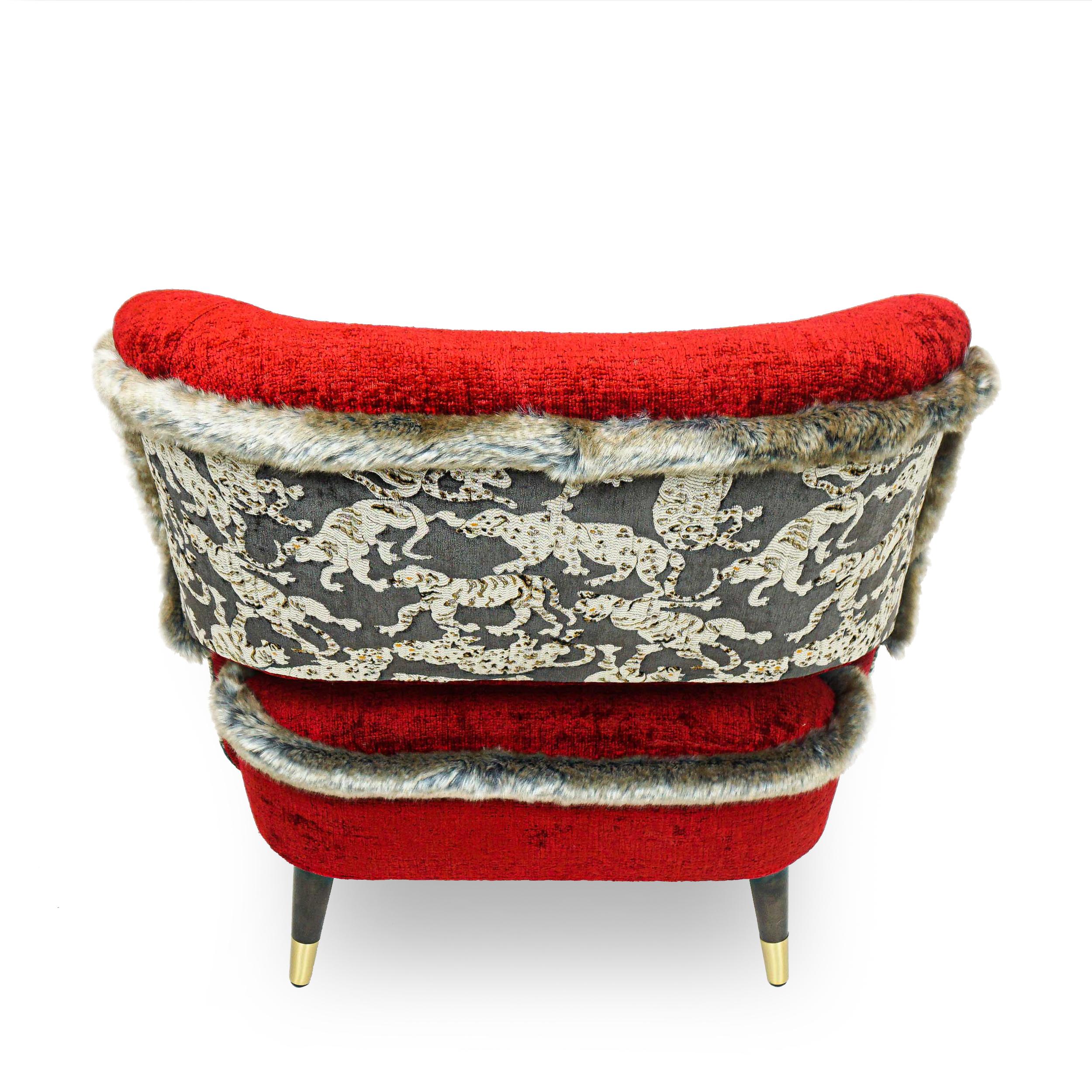 Red Club Chair with Faux Mink Welting and Tiger Patterned Back For Sale 2