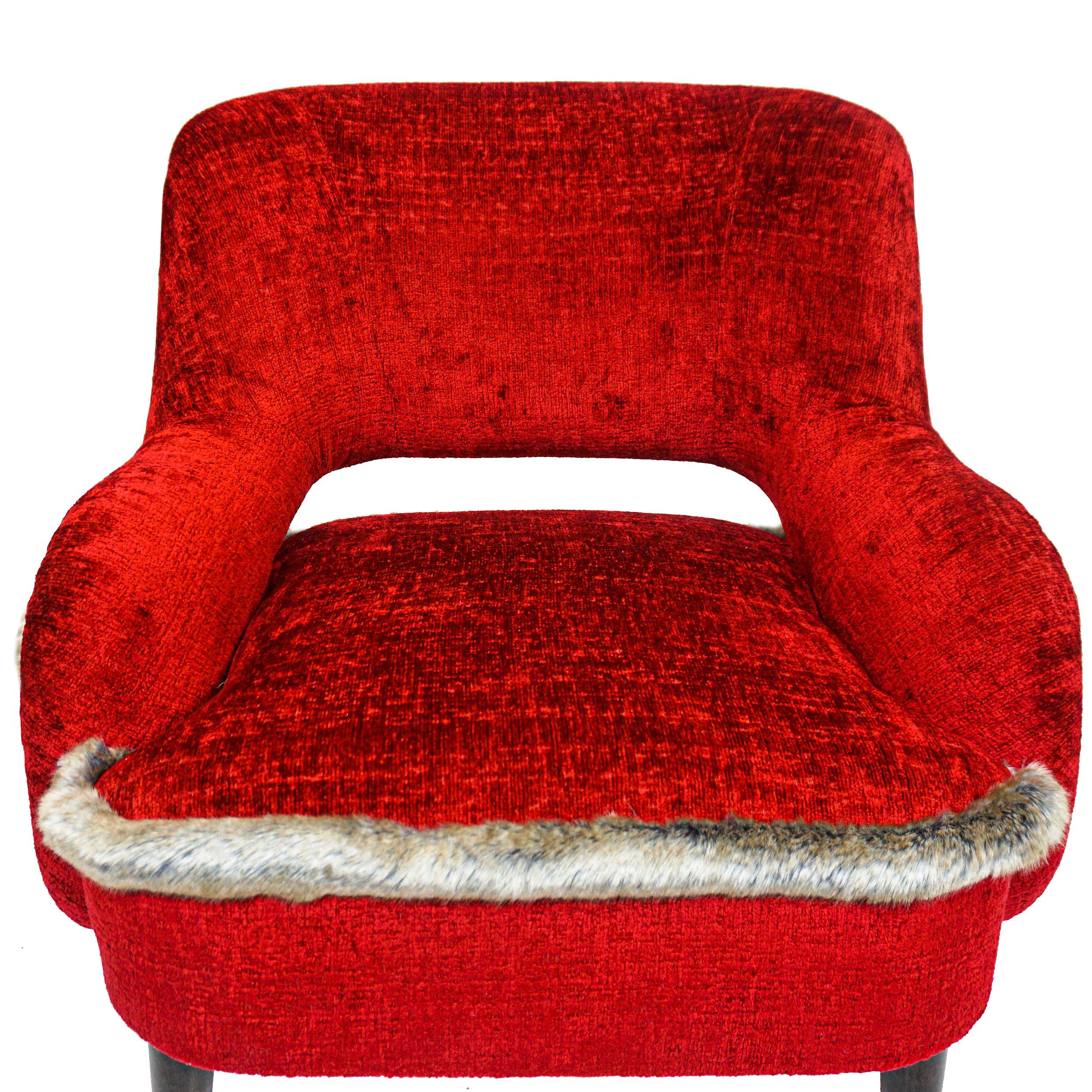 Red Club Chair with Faux Mink Welting and Tiger Patterned Back For Sale 4