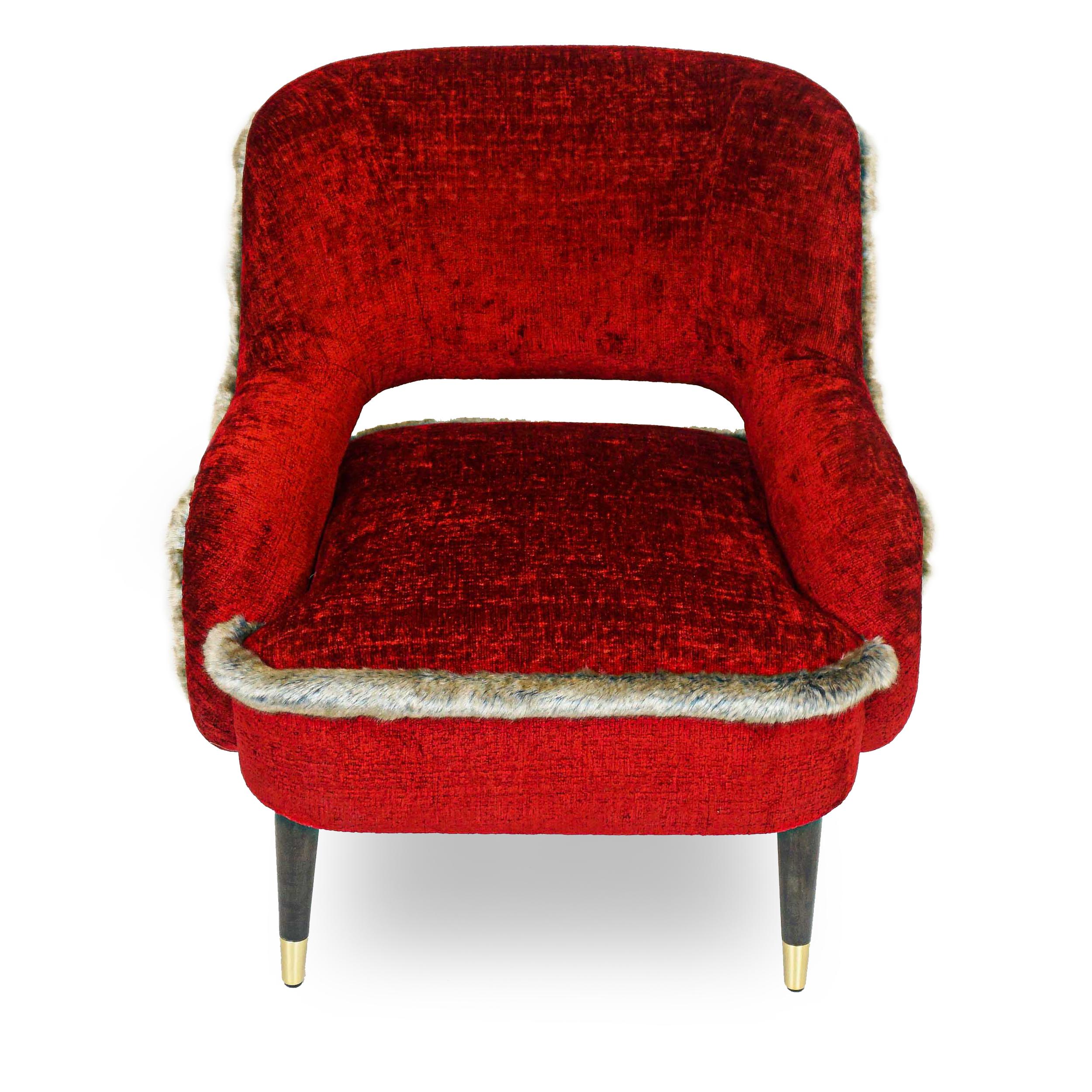 Modern Red Club Chair with Faux Mink Welting and Tiger Patterned Back For Sale