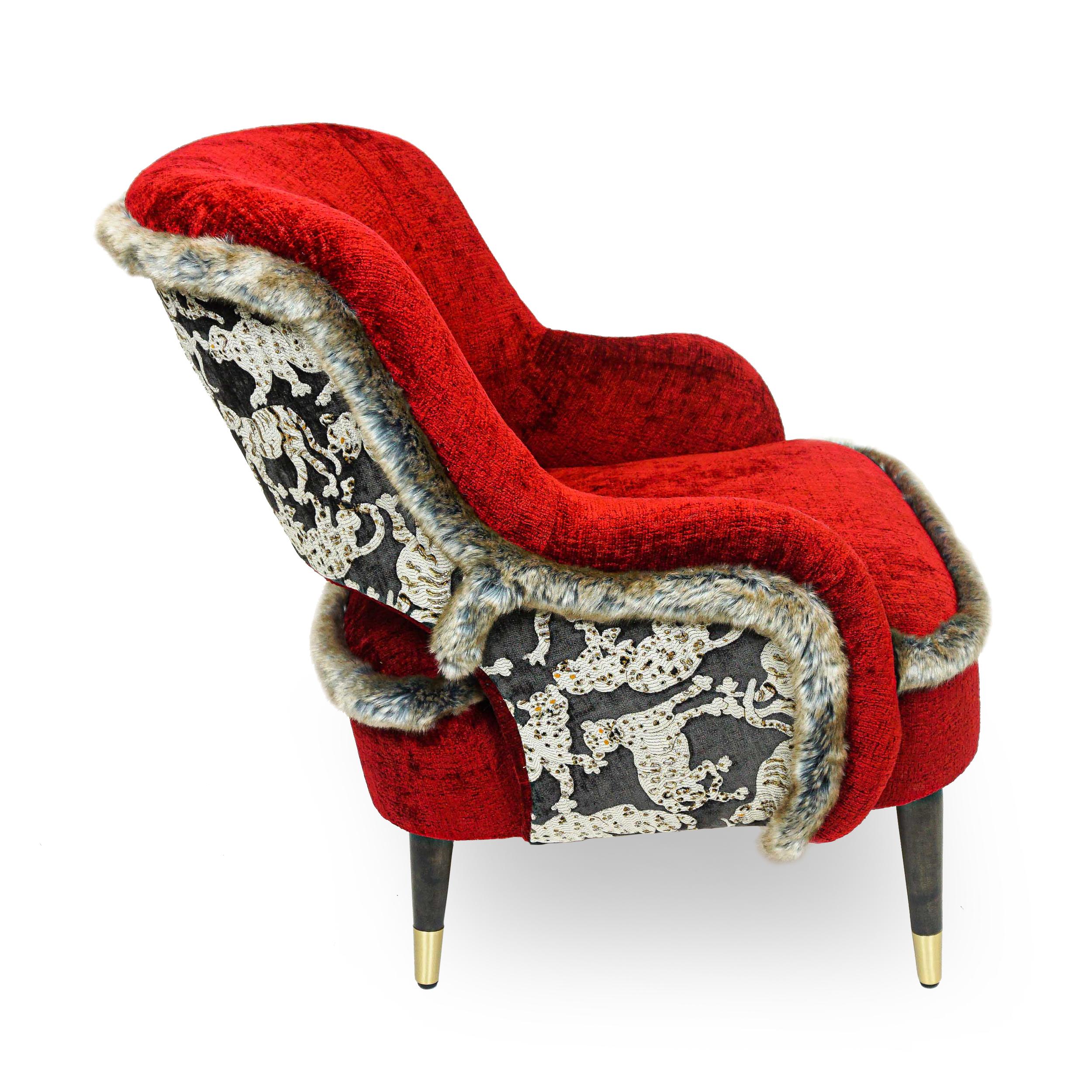 Red Club Chair with Faux Mink Welting and Tiger Patterned Back In New Condition For Sale In Greenwich, CT