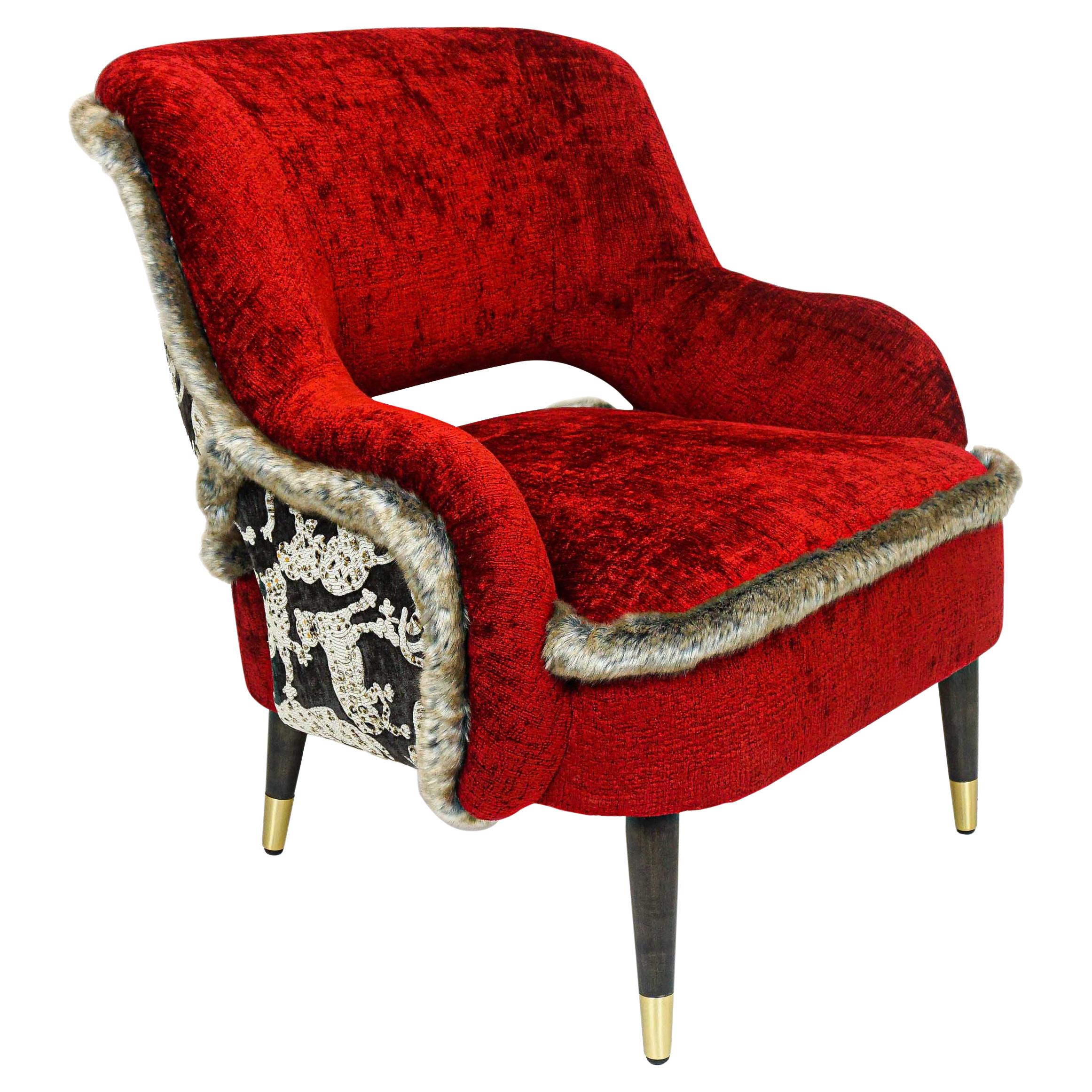 Red Club Chair with Faux Mink Welting and Tiger Patterned Back For Sale