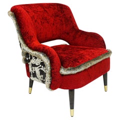 Red Club Chair with Faux Mink Welting and Tiger Patterned Back