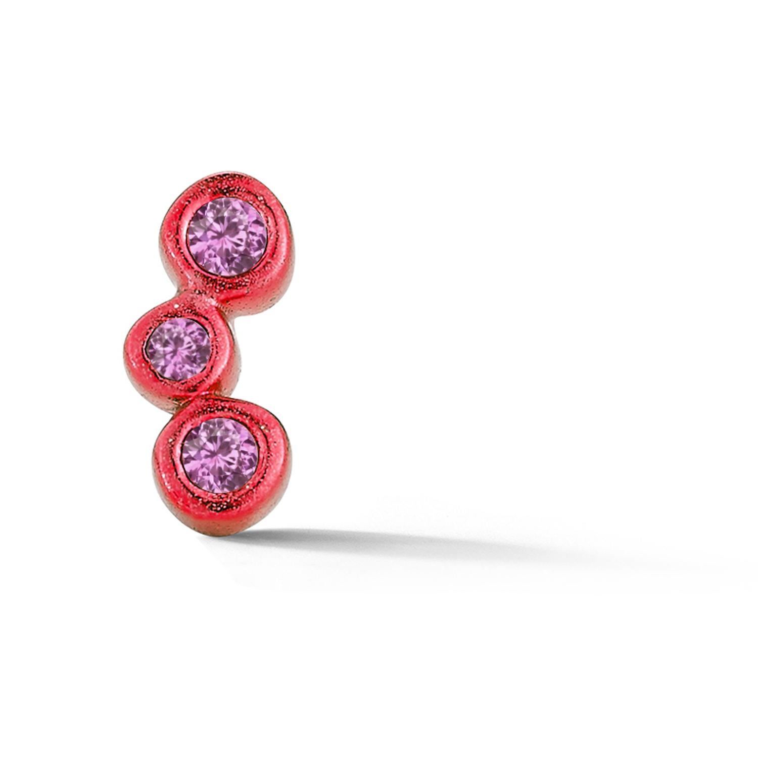 Contemporary Red Coated Three Stone Pink Sapphire Mini Single Stud Earring Hi June Parker For Sale