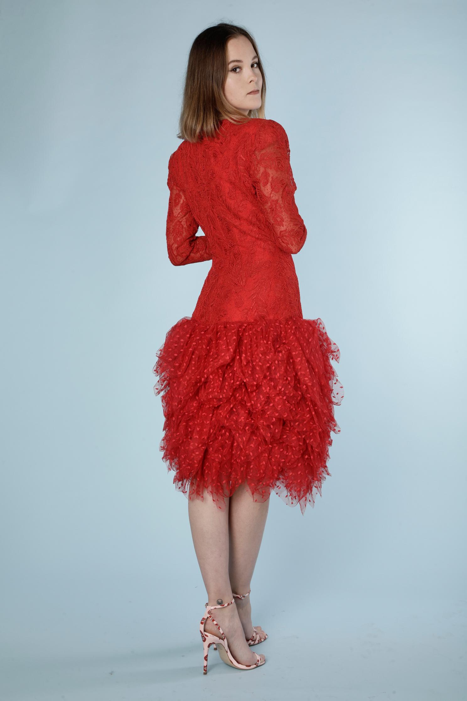 Red cocktail dress in lace and plumetis tulle Bill Blass  In Excellent Condition In Saint-Ouen-Sur-Seine, FR