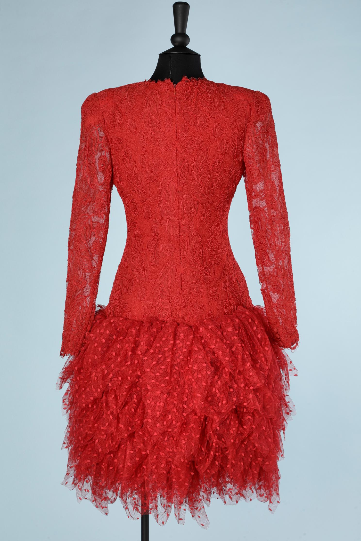 Red cocktail dress in lace and plumetis tulle Bill Blass  4