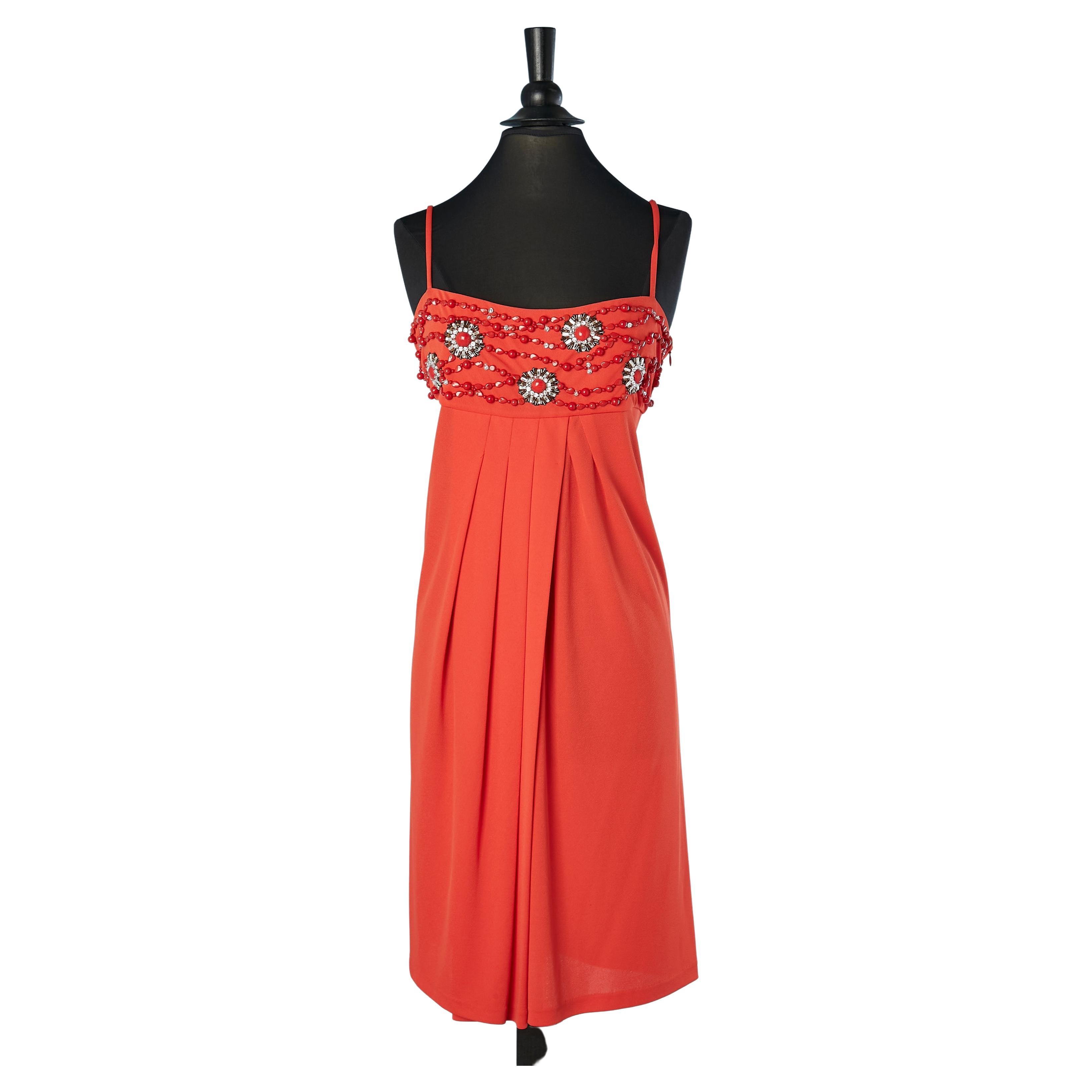 Red cocktail dress with beadwork on the bust Valentino Roma  For Sale