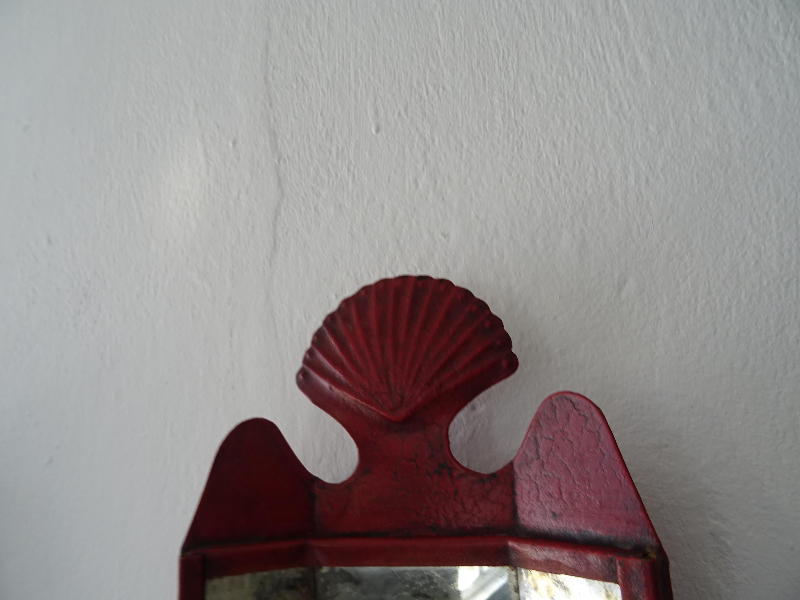 Red Colonial Shell Motif 3 Mirrors Sconces Original Paint, c 1890 4