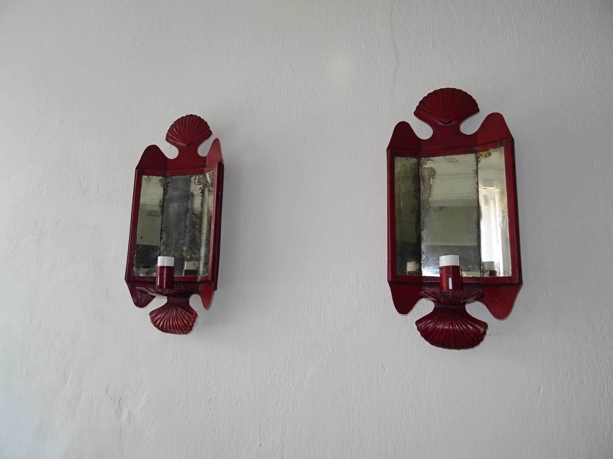 Housing 1-light each, Will be re-wired with certified UL US sockets for the United States and appropriate sockets for other countries and ready to hang. Original paint on metal. Seashell motif on top and bottom. Mirrors still intact, but missing