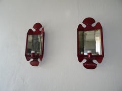 Red Colonial Shell Motif 3 Mirrors Sconces Original Paint, c 1890