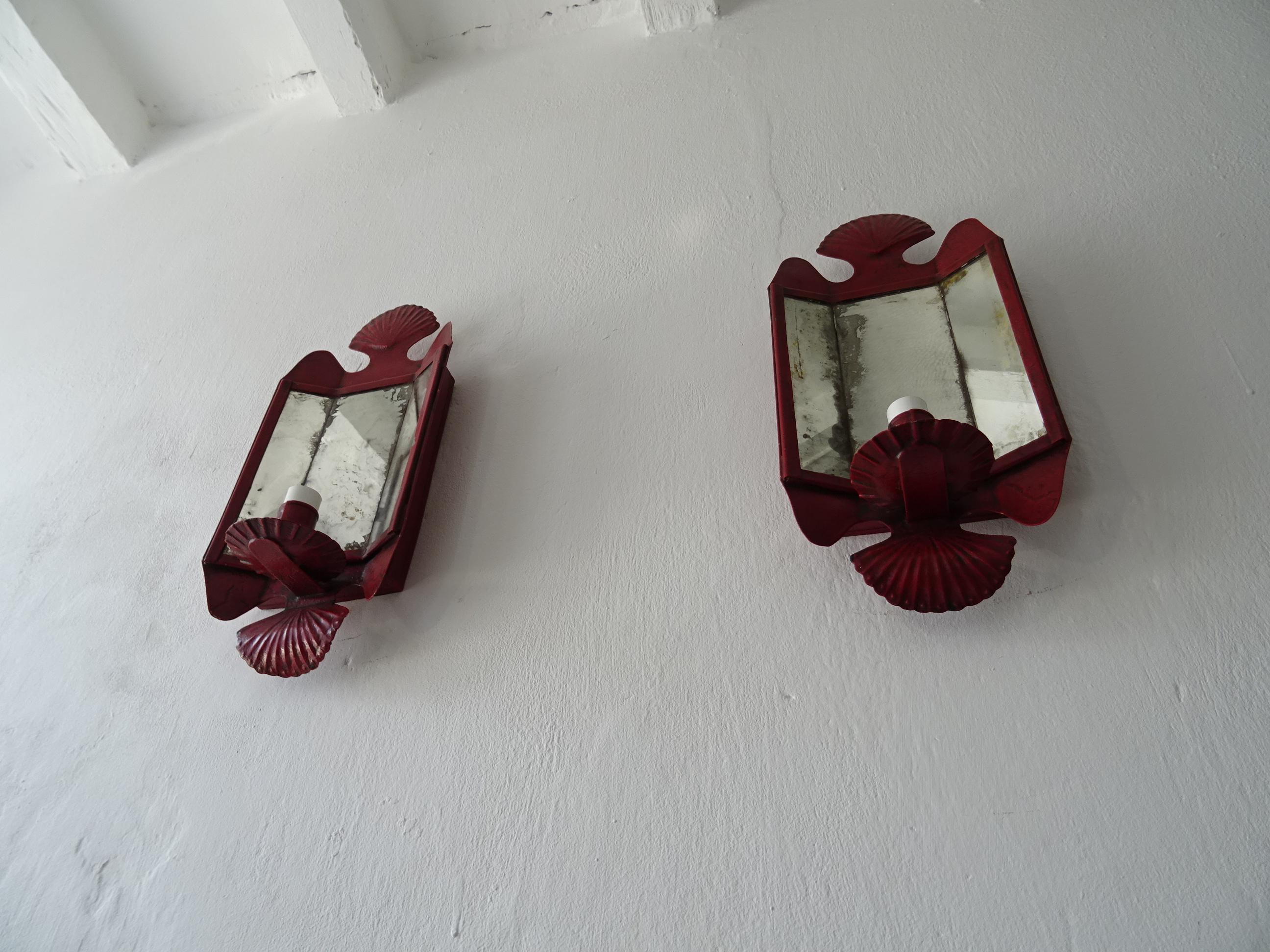 English Red Colonial Shell Motif 3 Mirrors Sconces Original Paint, c 1890