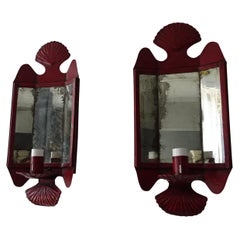 Antique Red Colonial Shell Motif 3 Mirrors Sconces Original Paint, c 1890